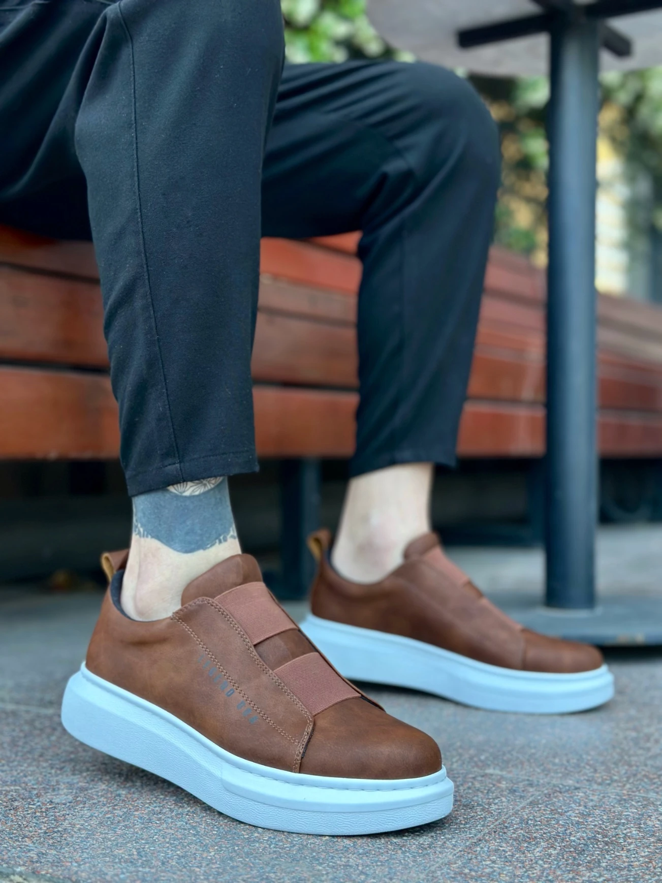 BA0307 BOA Kalın Yüksek Taban Çift Bant Taba Beyaz Erkek Ayakkabı