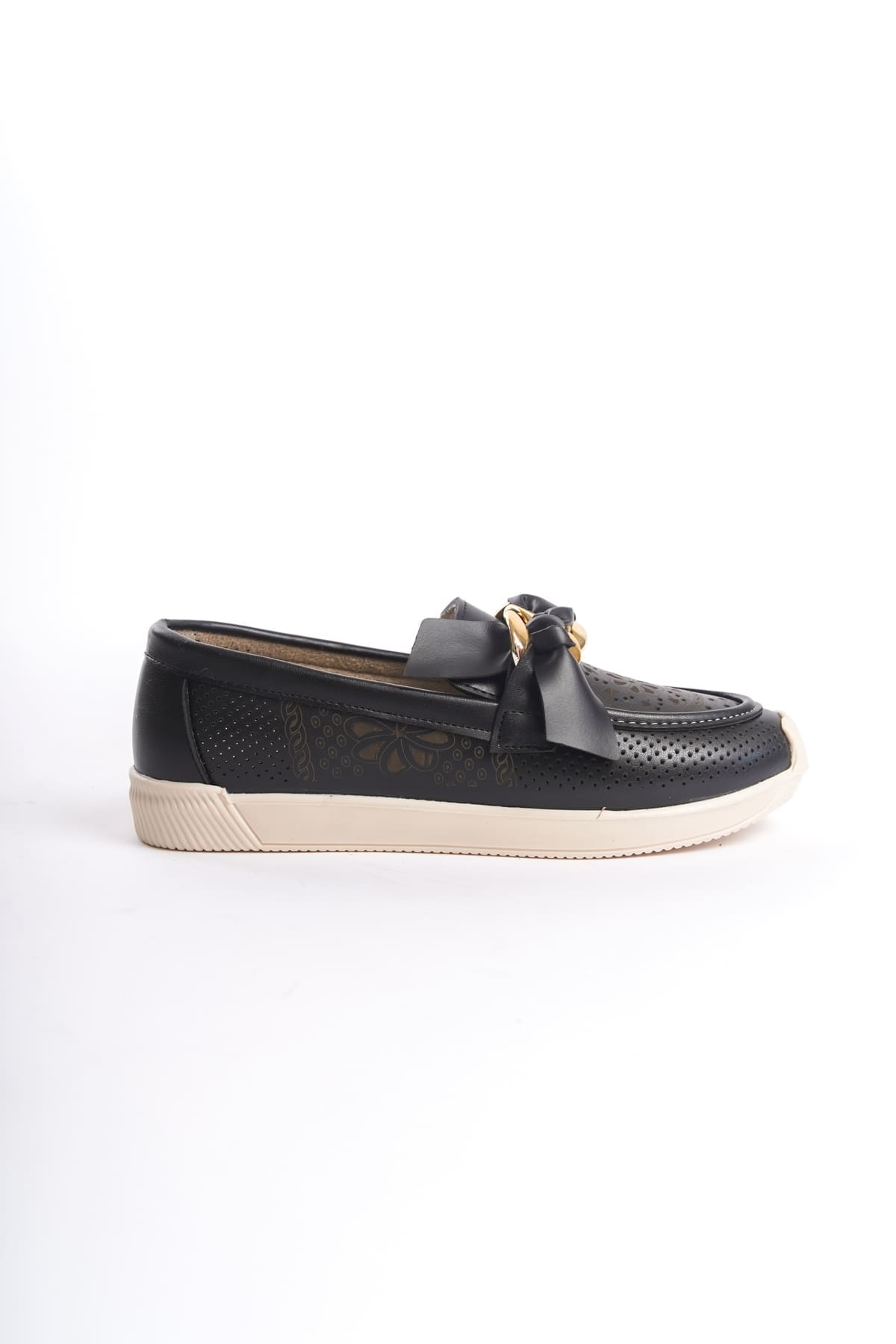 LYDIA Bağcıksız Ortopedik Rahat Taban Çiçek Desenli Kadın Babet Ayakkabı  KT - Siyah