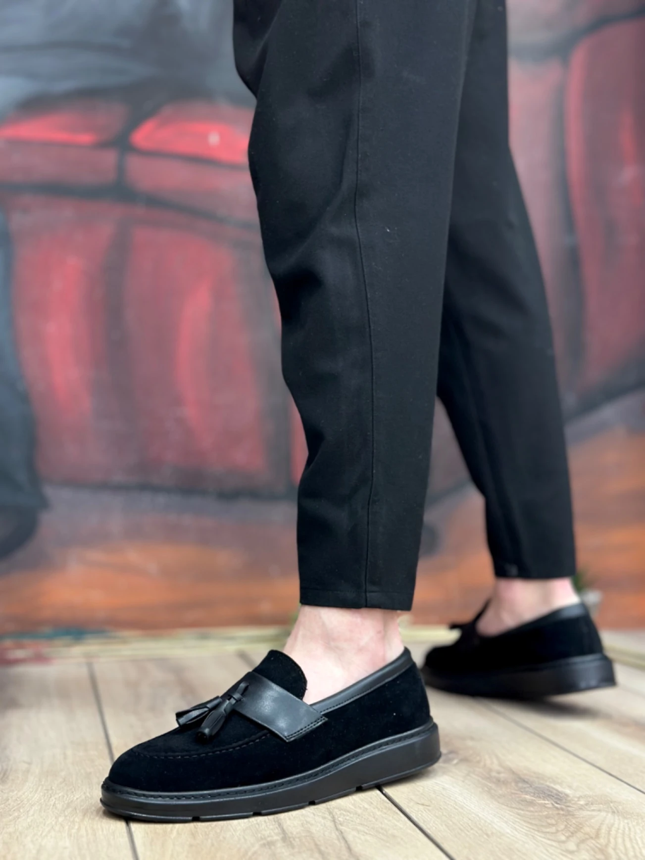 BA0005 Bağcıksız Yüksek Taban Siyah Kemerli Klasik Püsküllü Corcik Erkek Ayakkabı