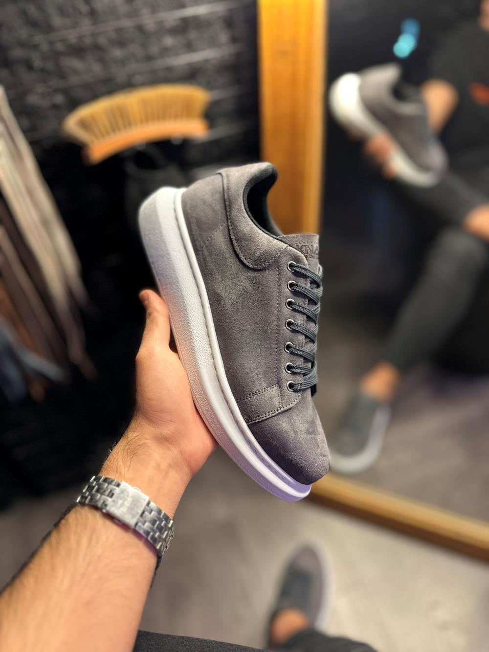 Knack Yüksek Taban Günlük Ayakkabı 044 Gri Süet (Beyaz Taban)