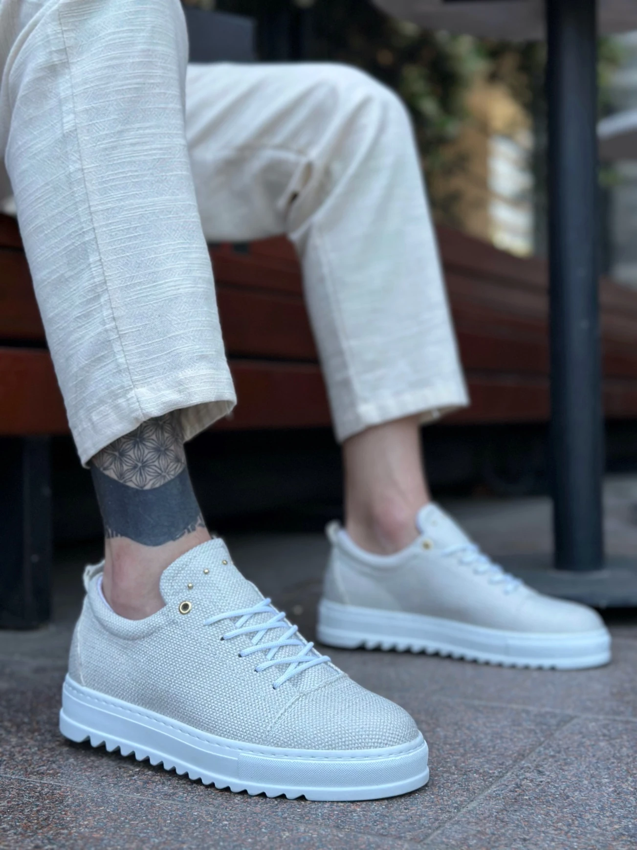 BA0152 Bağcıklı Yüksek Taban Krem Keten Erkek Ayakkabı