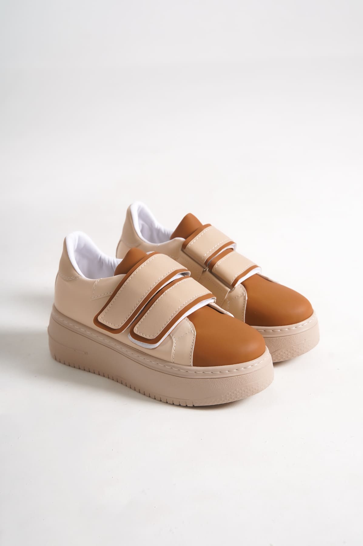 VALENCIA Bağcıksız Cırt Cırtlı Ortopedik Taban Kadın Sneaker Spor Ayakkabı TT - Ten/Kahve