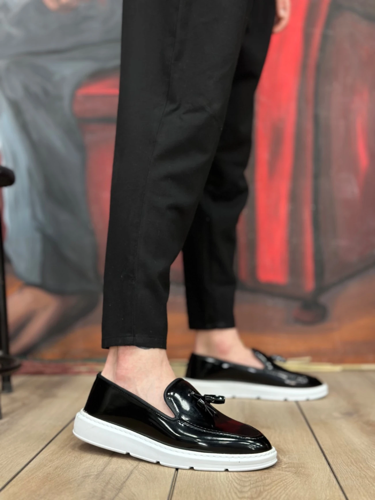 BA0005 Bağcıksız Yüksek Taban Siyah Beyaz Taban Rugan Klasik Püsküllü Corcik Erkek Ayakkabı