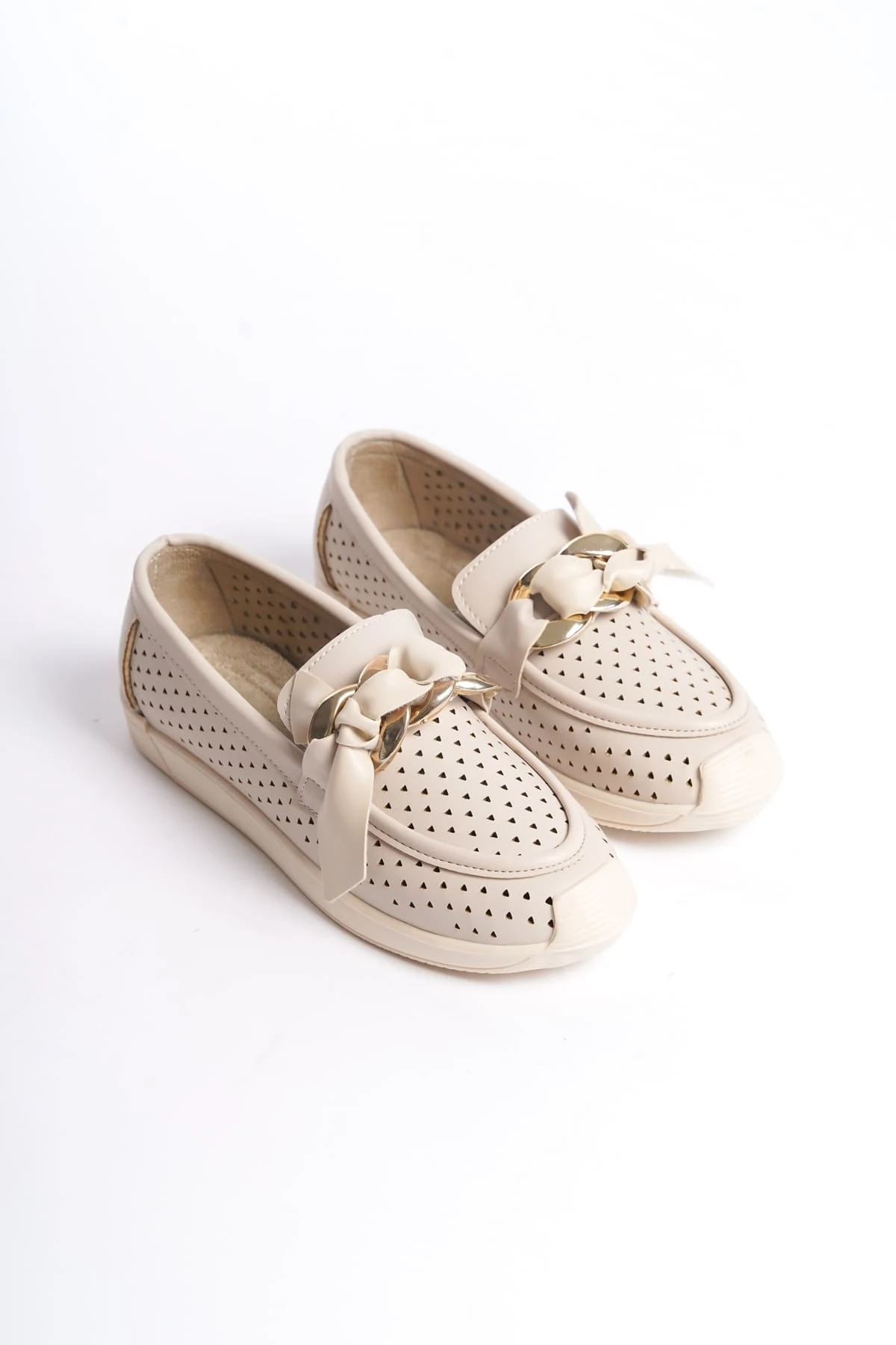 LYDIA Bağcıksız Ortopedik Rahat Taban Kalp Desenli Kadın Babet Ayakkabı  KT - Krem