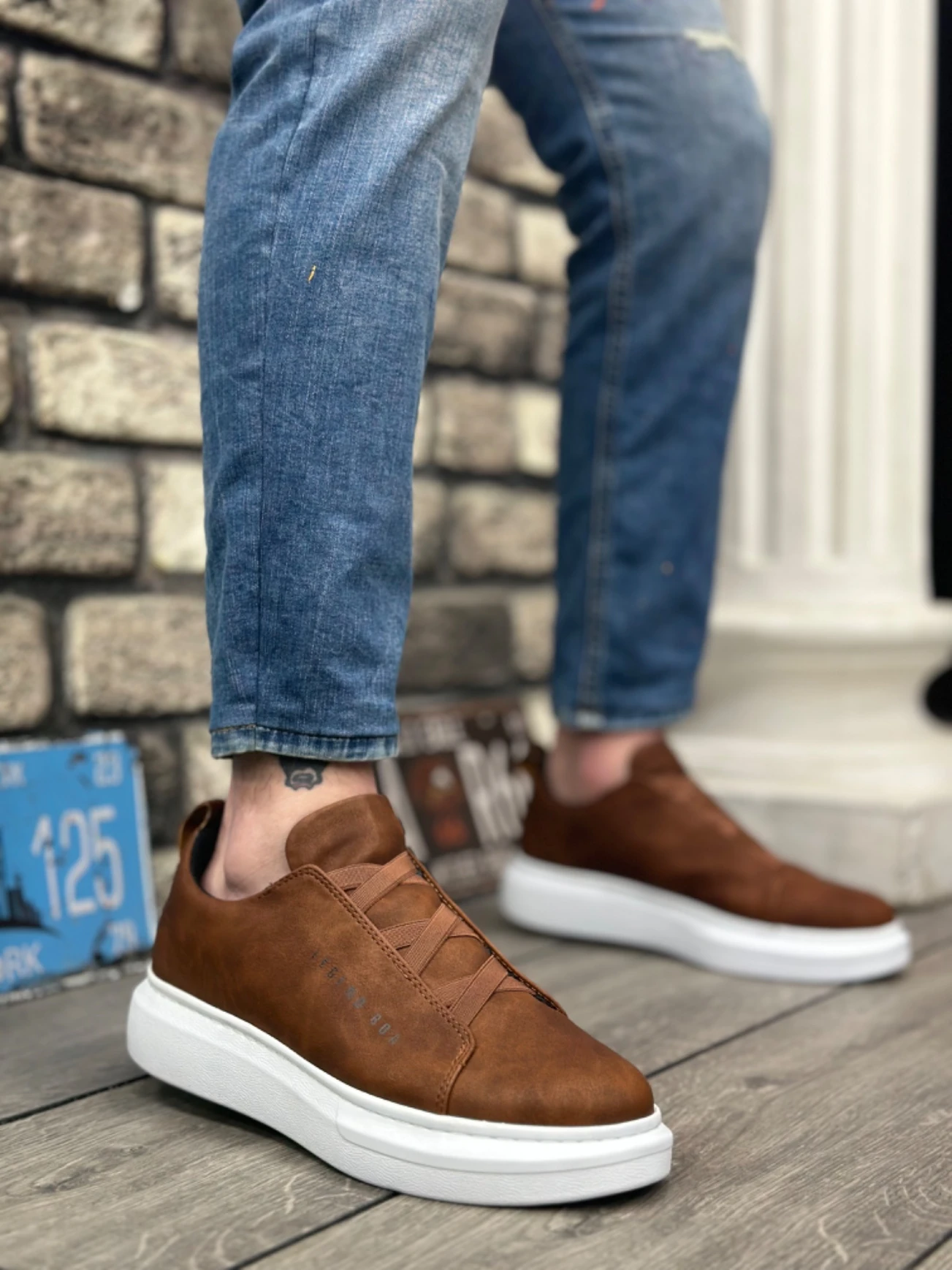 BA0134 BOA Kalın Yüksek Taban Çapraz Bant Taba Beyaz Erkek Ayakkabı