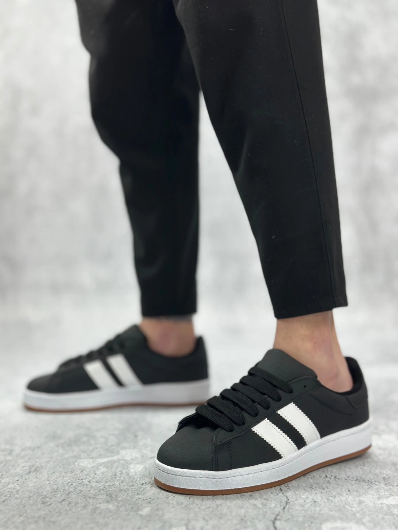 BA0235 BOA İki Çizgili Siyah Cilt Erkek Günlük Ayakkabı