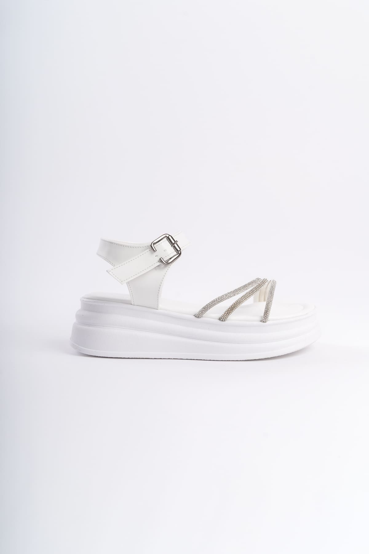 EVA Kalın Tokalı Taşlı Şeritli Ortopedik Taban Kadın Sandalet  BT - Beyaz