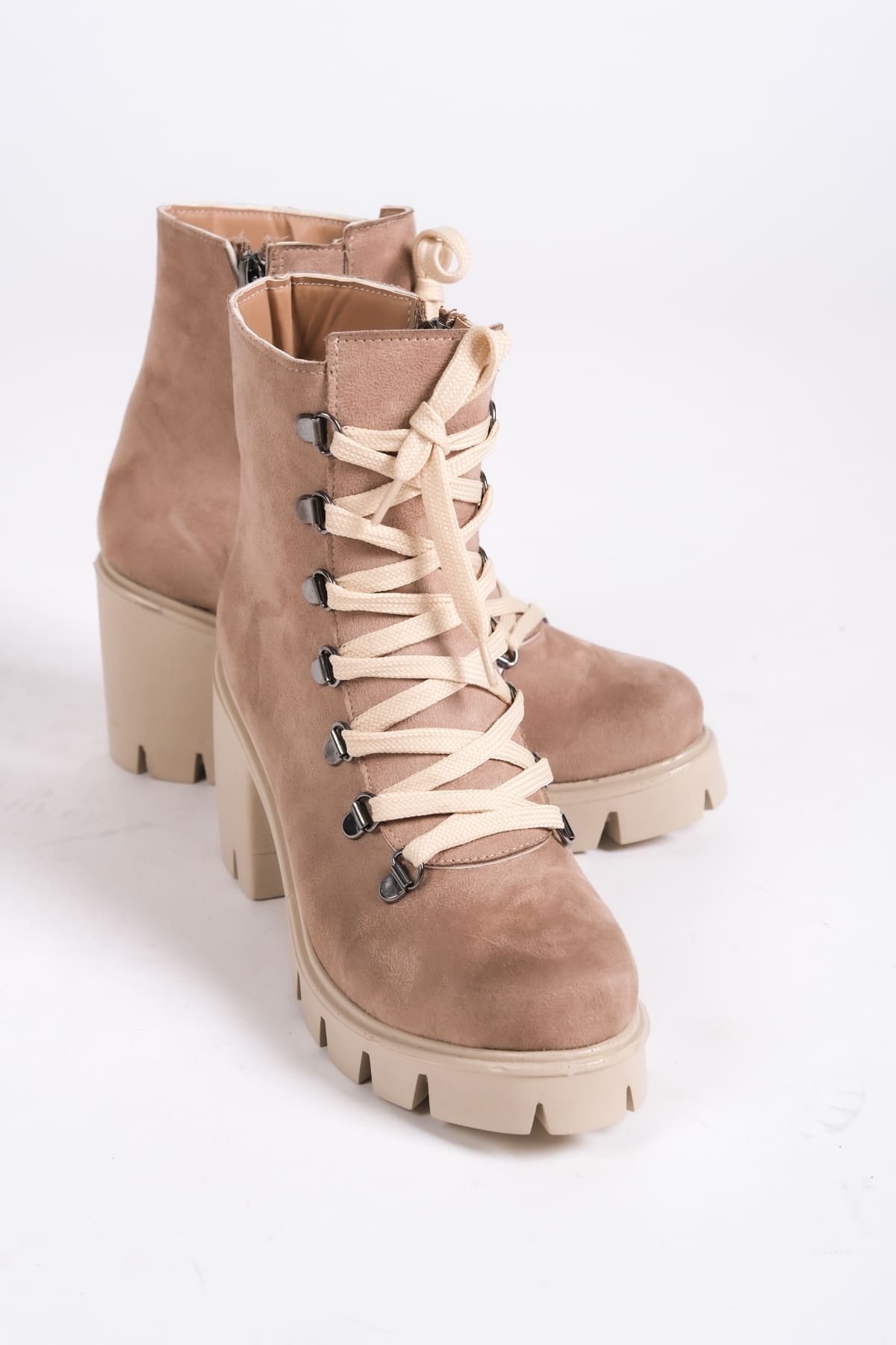 EMMA Bağcıklı Fermuarlı Ortopedik Taban Topuklu Süet Kadın Bot  TT - Ten