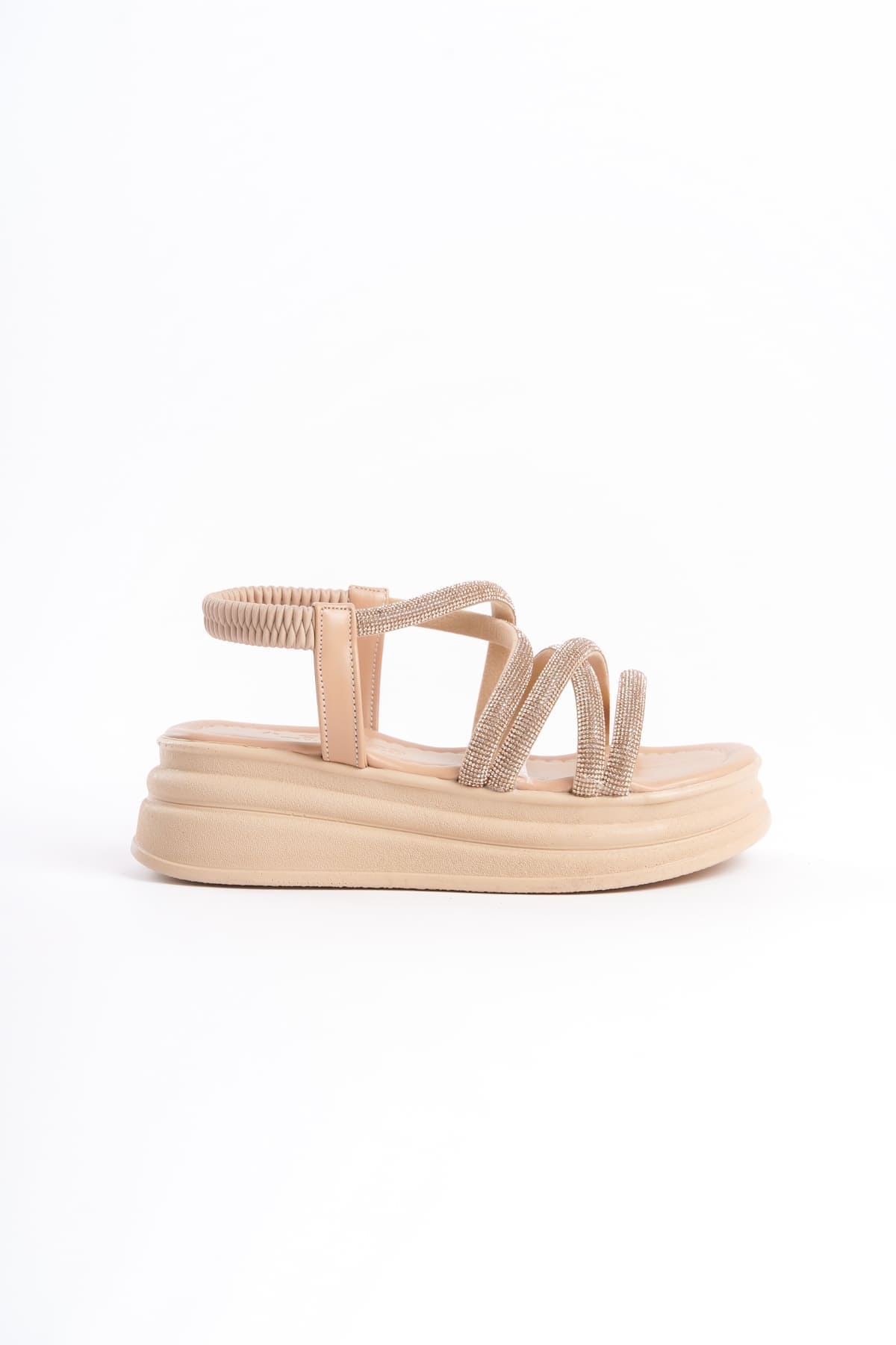 ELENA Lastikli Taşlı Şeritli Ortopedik Taban Kadın Sandalet TT - Ten