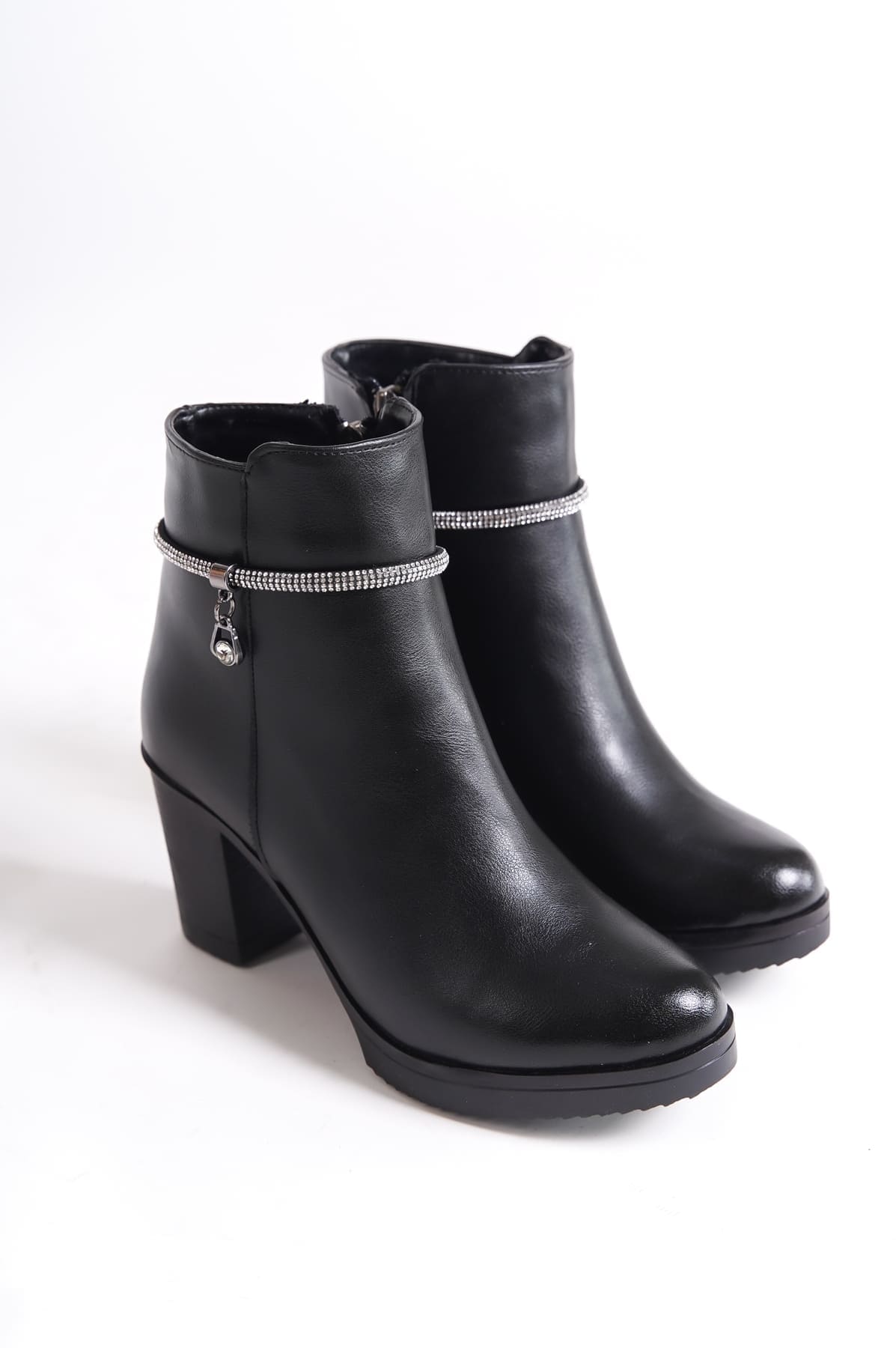 ARIA Fermuarlı Ortopedik Taban Taşlı Topuklu Kadın Bot ST - Siyah