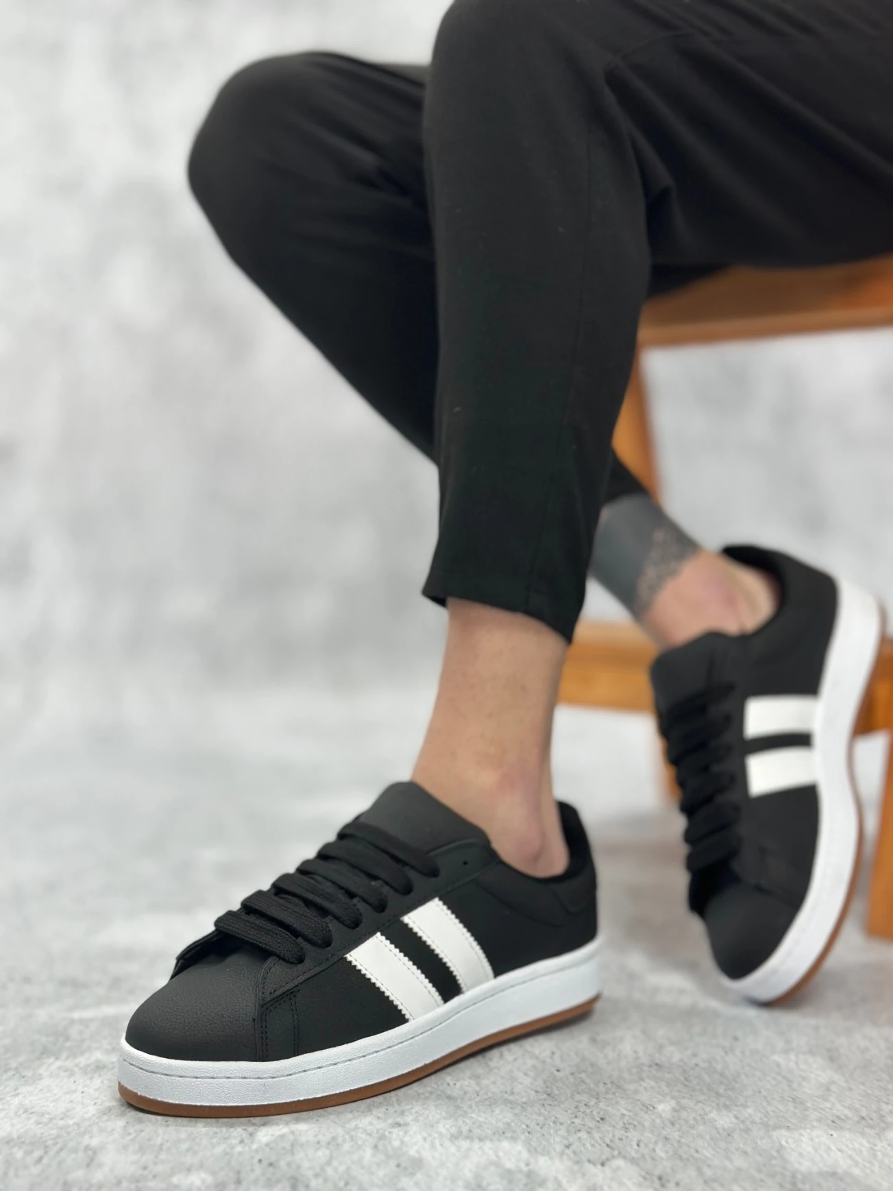 BA0235 BOA İki Çizgili Siyah Cilt Erkek Günlük Ayakkabı