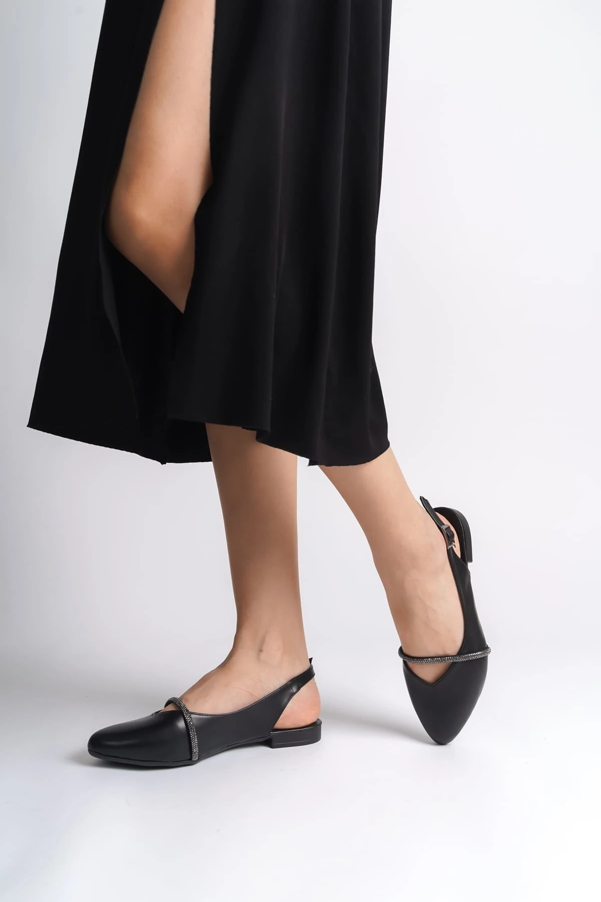 ALLISON Tokalı Ortopedik Rahat Taban Taş Detaylı Kadın Babet Ayakkabı  ST - Siyah