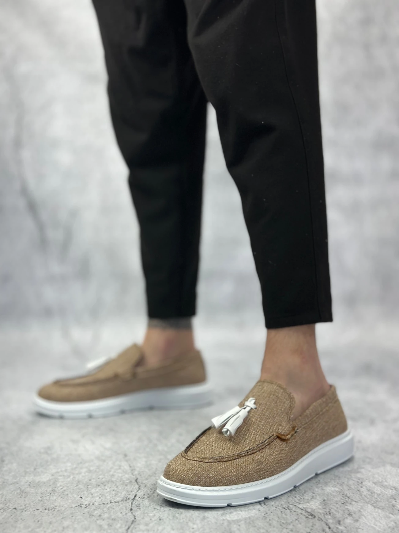 BA0005 Bağcıksız Yüksek Taban Klasik Keten Hardal Püsküllü Erkek Ayakkabı