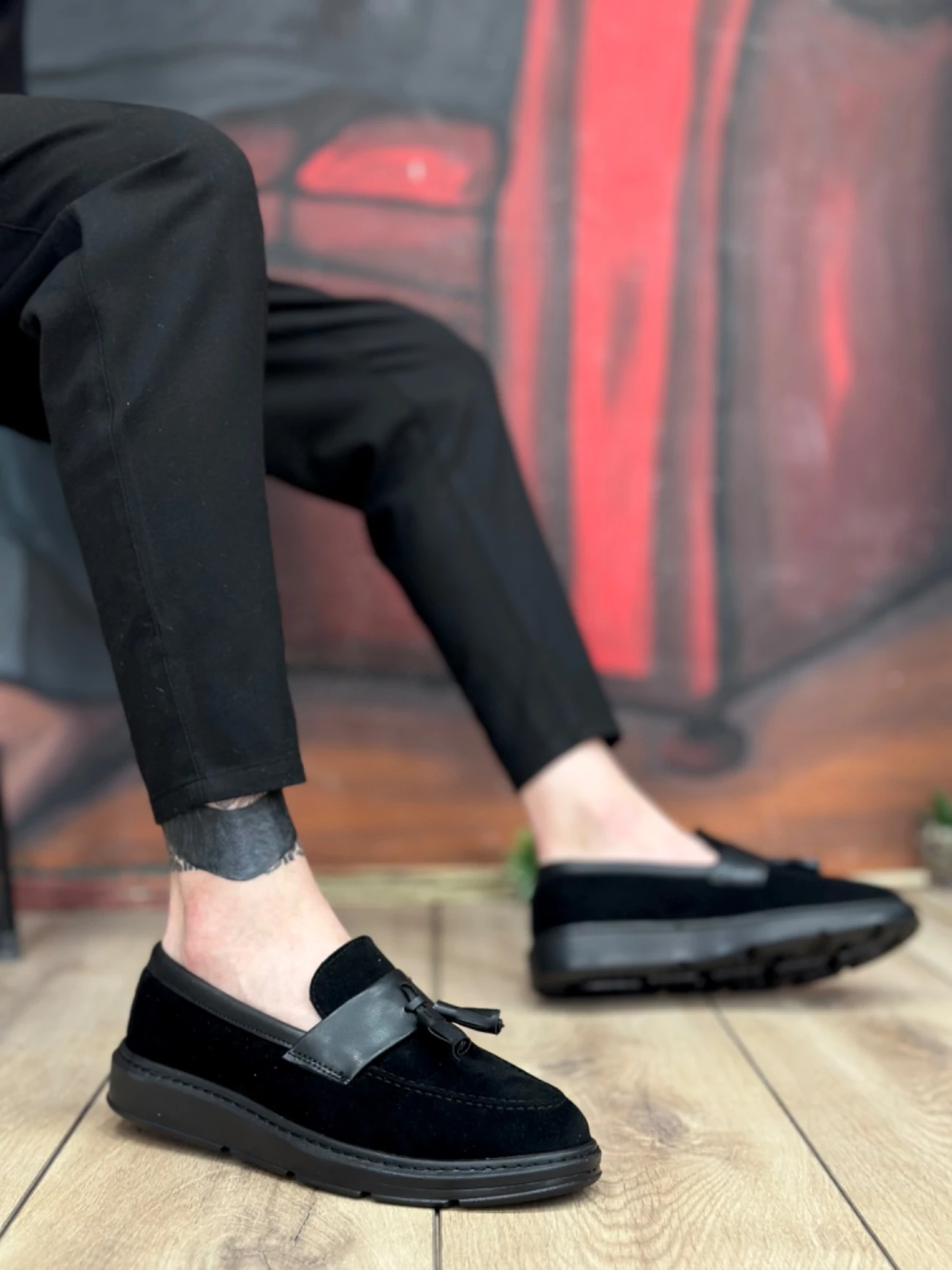 BA0005 Bağcıksız Yüksek Taban Siyah Kemerli Klasik Püsküllü Corcik Erkek Ayakkabı