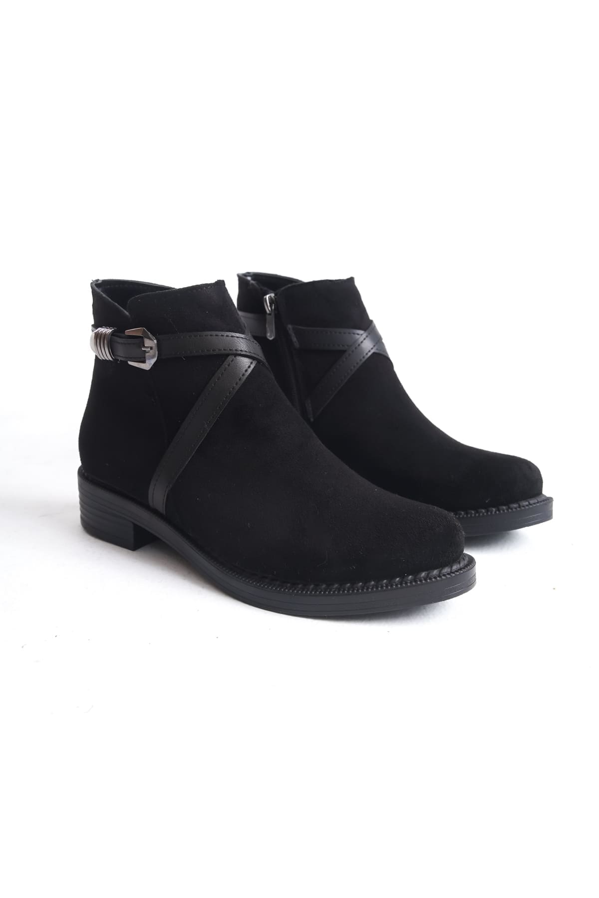 ALMILA Fermuarlı Lastikli Ortopedik Taban Topuklu Süet Kadın Bot ST - Siyah