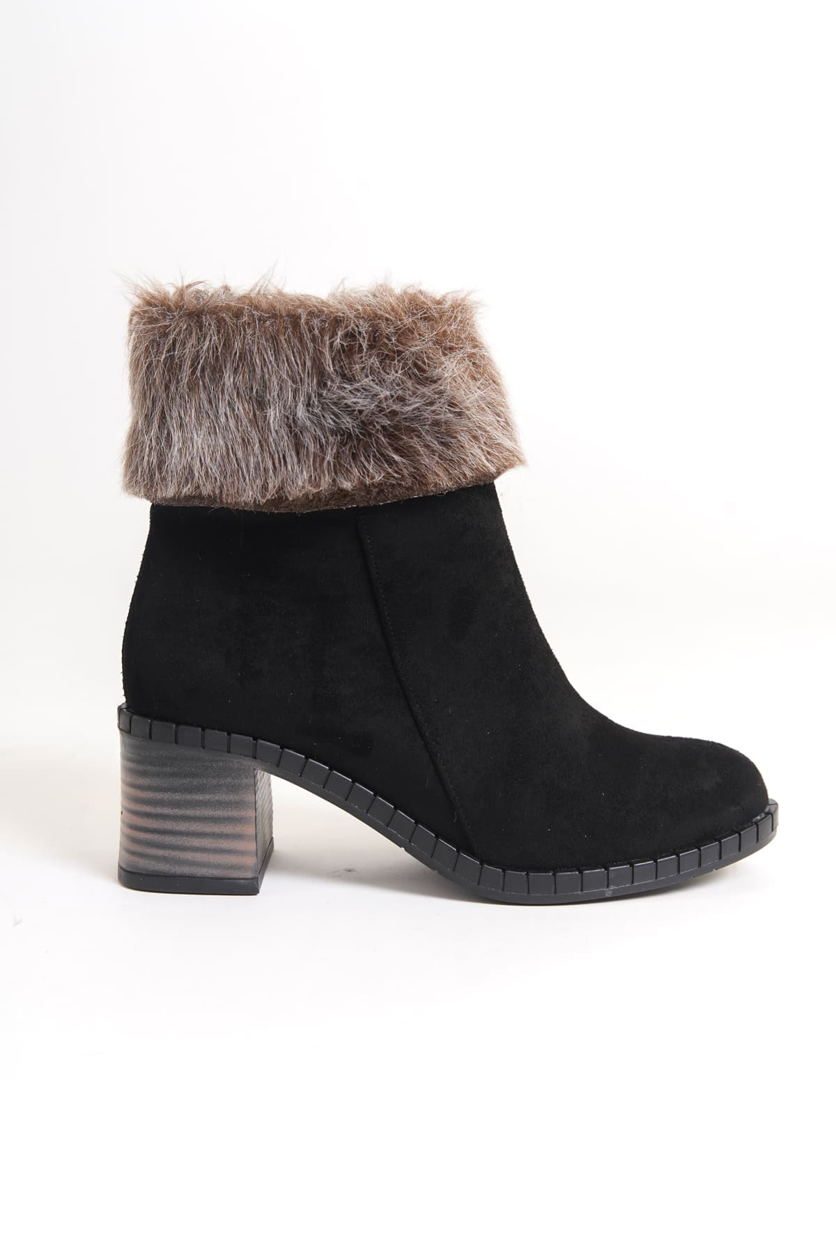 JULIA Fermuarlı Ortopedik Taban Tüylü Topuklu Süet Kadın Bot  ST - Siyah
