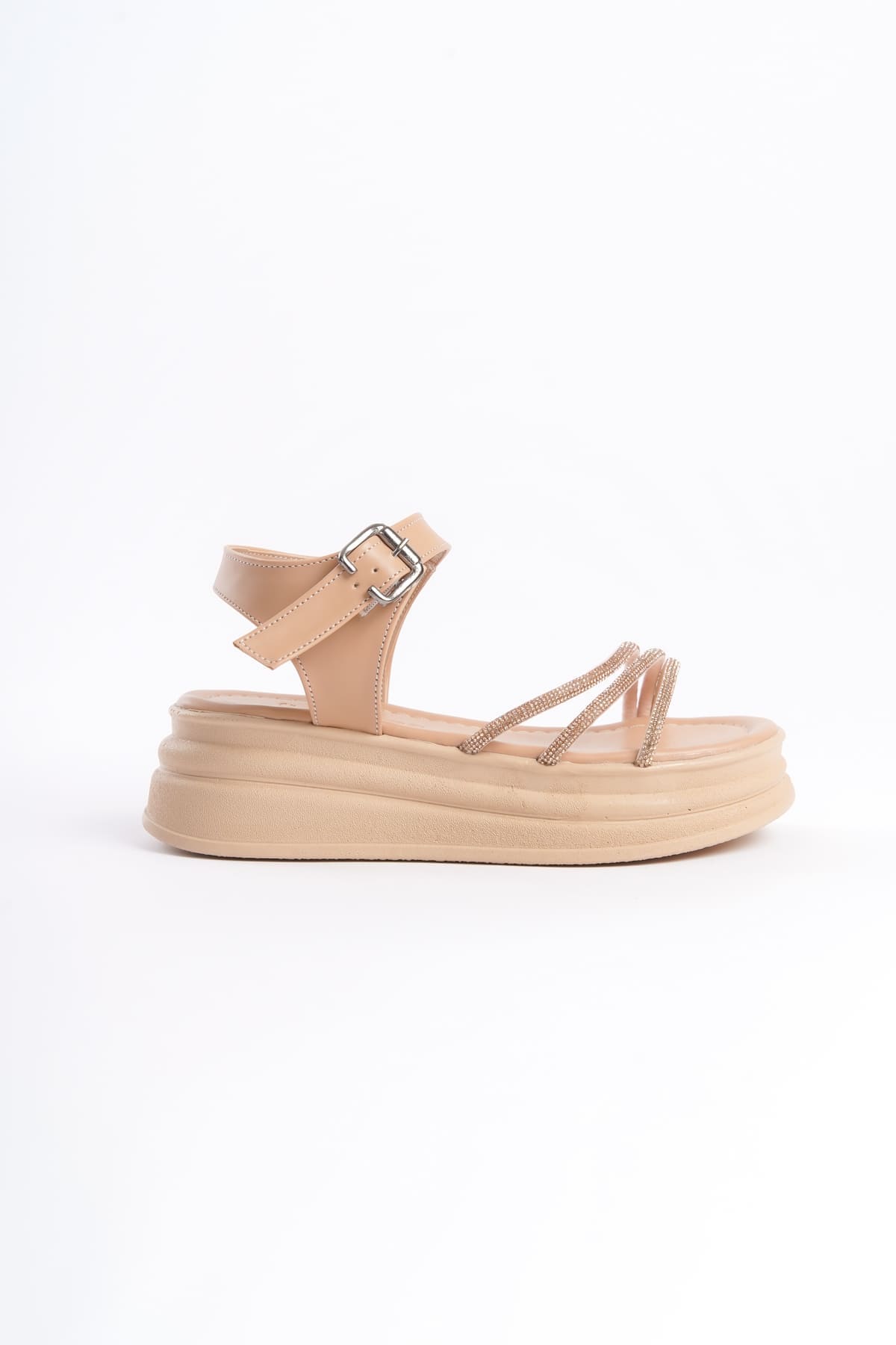 EVA Kalın Tokalı Taşlı Şeritli Ortopedik Taban Kadın Sandalet  TT - Ten