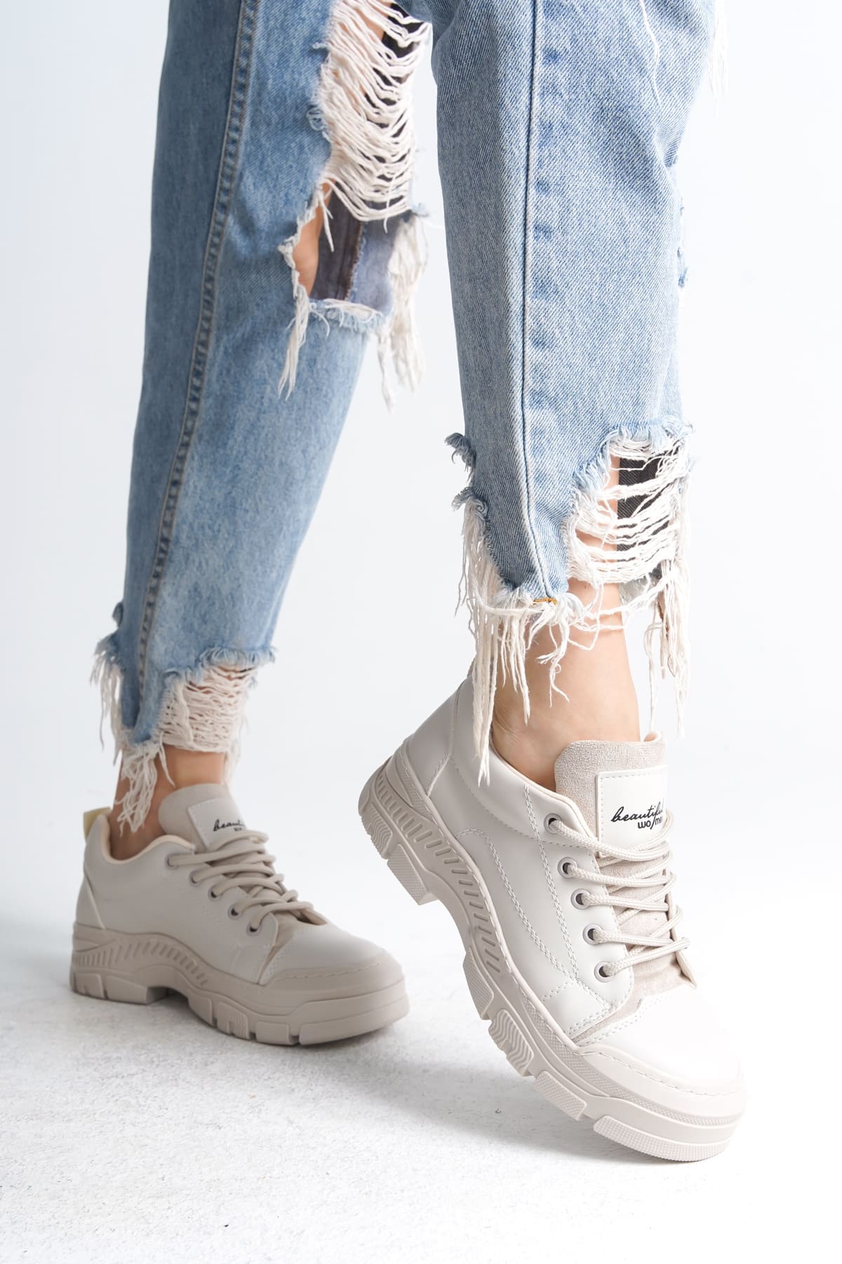 JANE Bağcıklı Ortopedik Taban Kadın Sneaker Spor Ayakkabı  KT - Krem