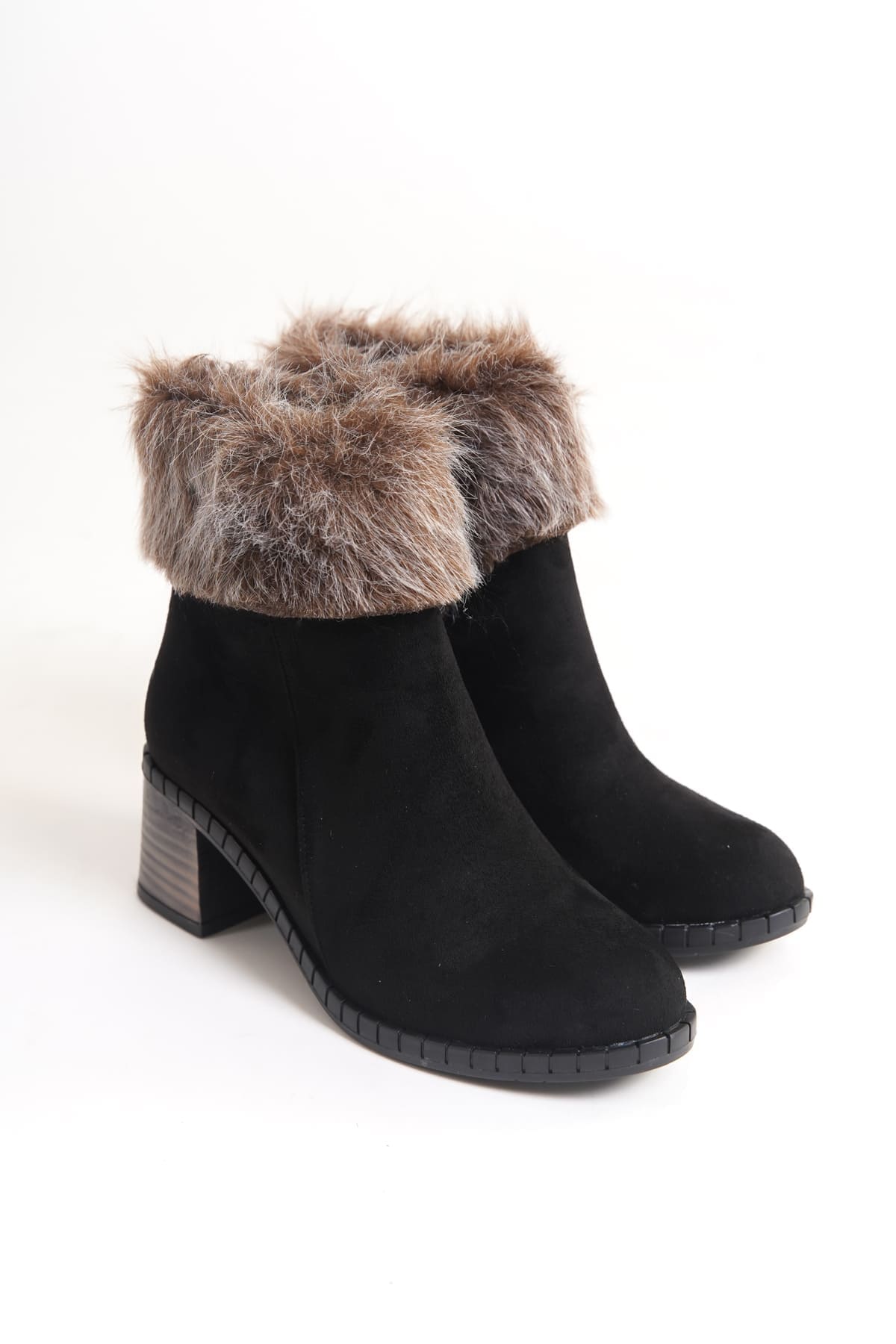 JULIA Fermuarlı Ortopedik Taban Tüylü Topuklu Süet Kadın Bot  ST - Siyah
