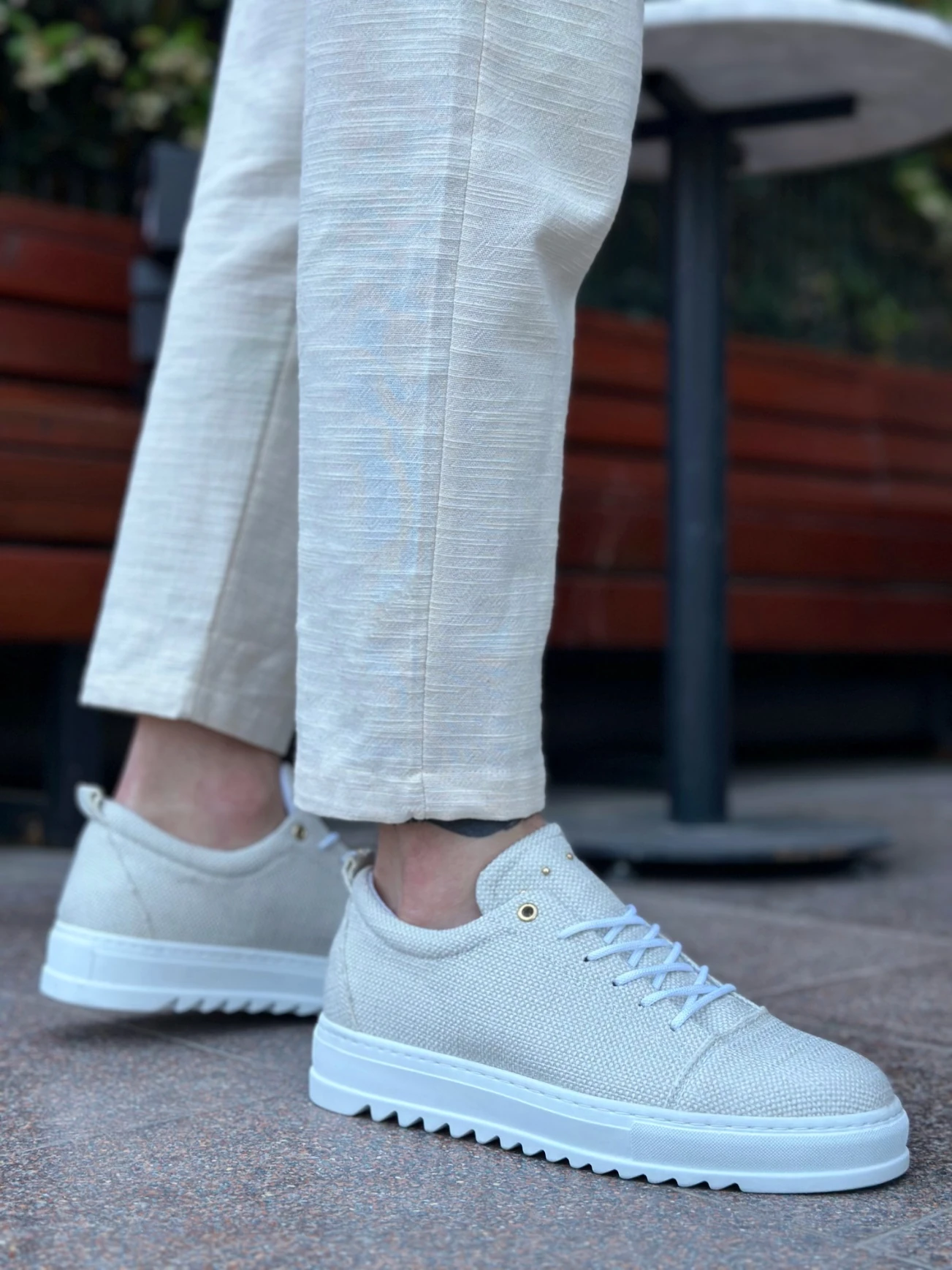 BA0152 Bağcıklı Yüksek Taban Krem Keten Erkek Ayakkabı