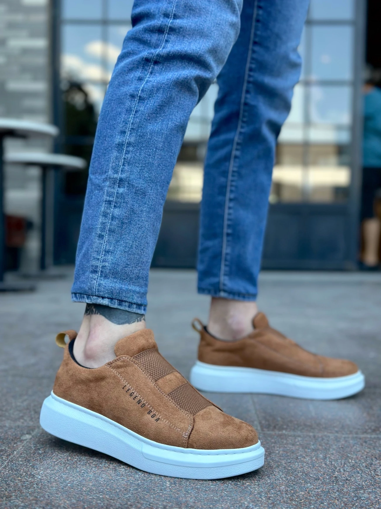 BA0307 BOA Kalın Süet Yüksek Taban Çift Bant Taba Beyaz Erkek Ayakkabı