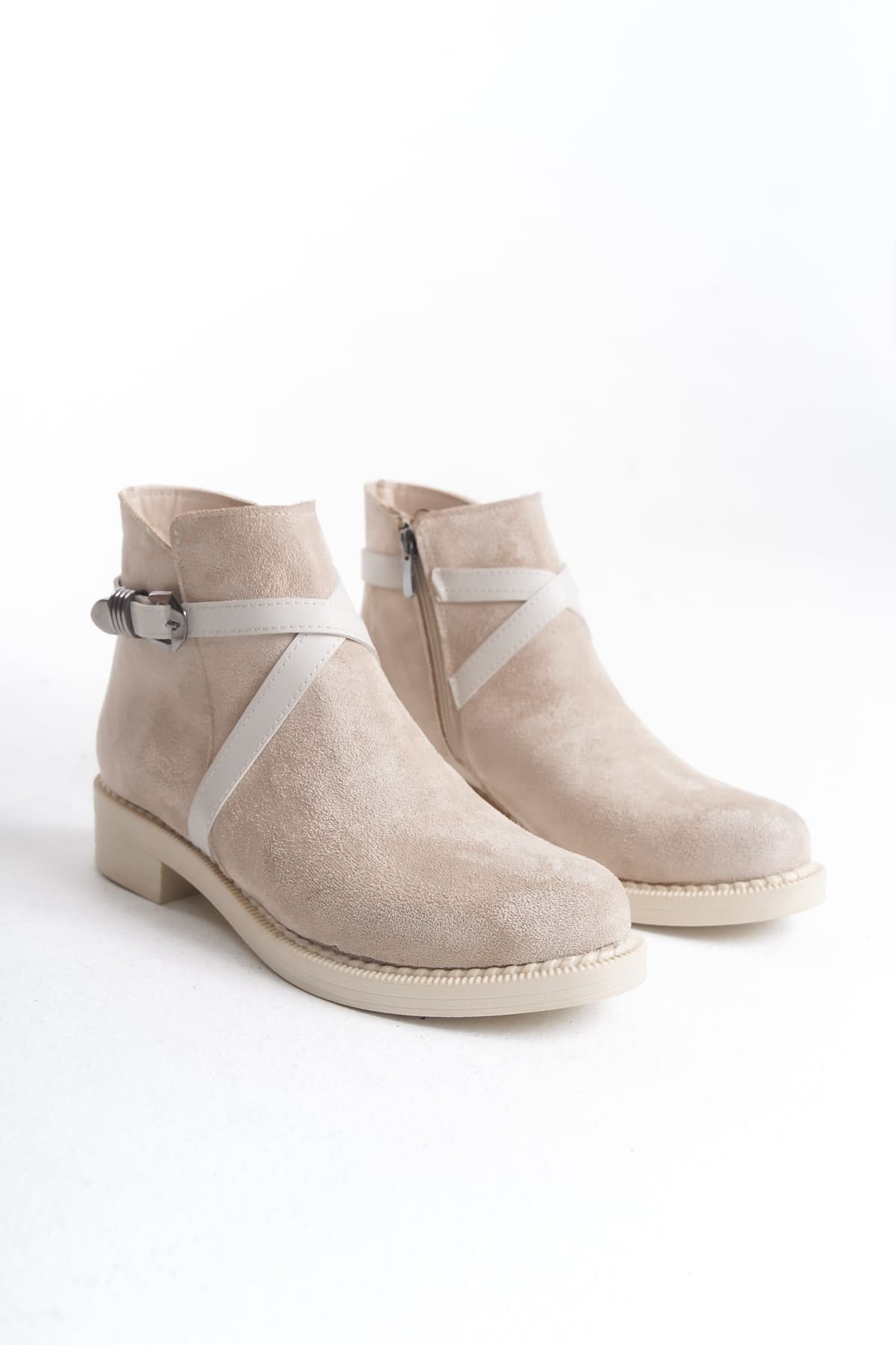 ALMILA Fermuarlı Lastikli Ortopedik Taban Topuklu Süet Kadın Bot  TT - Ten