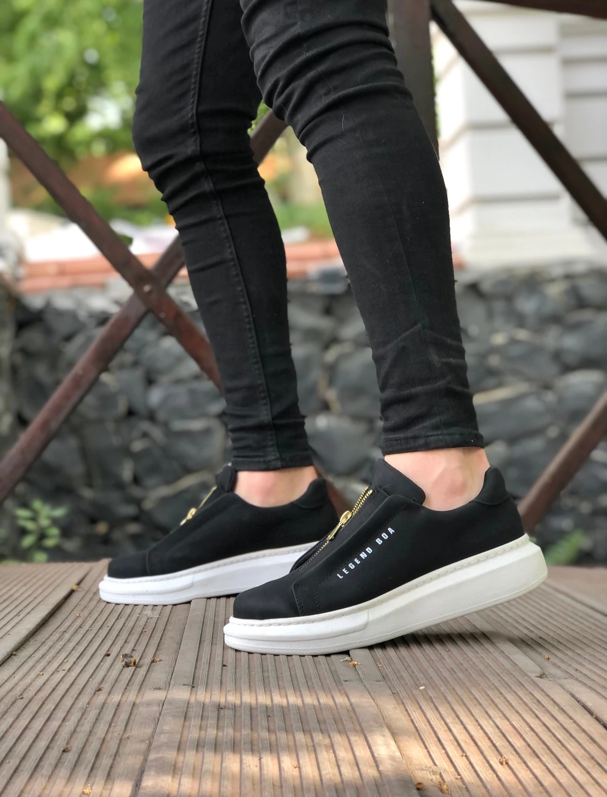 BA0310 BOA Kalın Yüksek Taban Fermuarlı Siyah Beyaz Erkek Ayakkabı