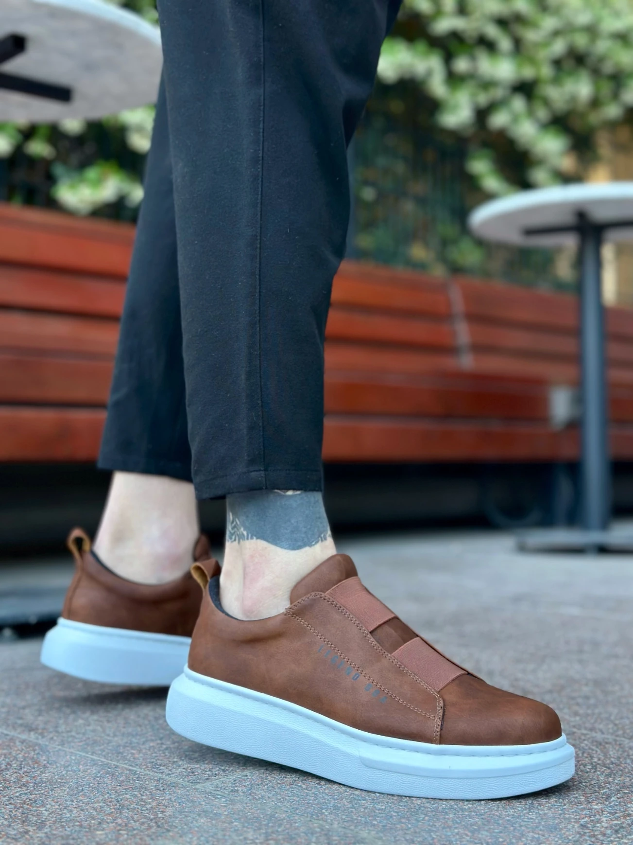 BA0307 BOA Kalın Yüksek Taban Çift Bant Taba Beyaz Erkek Ayakkabı