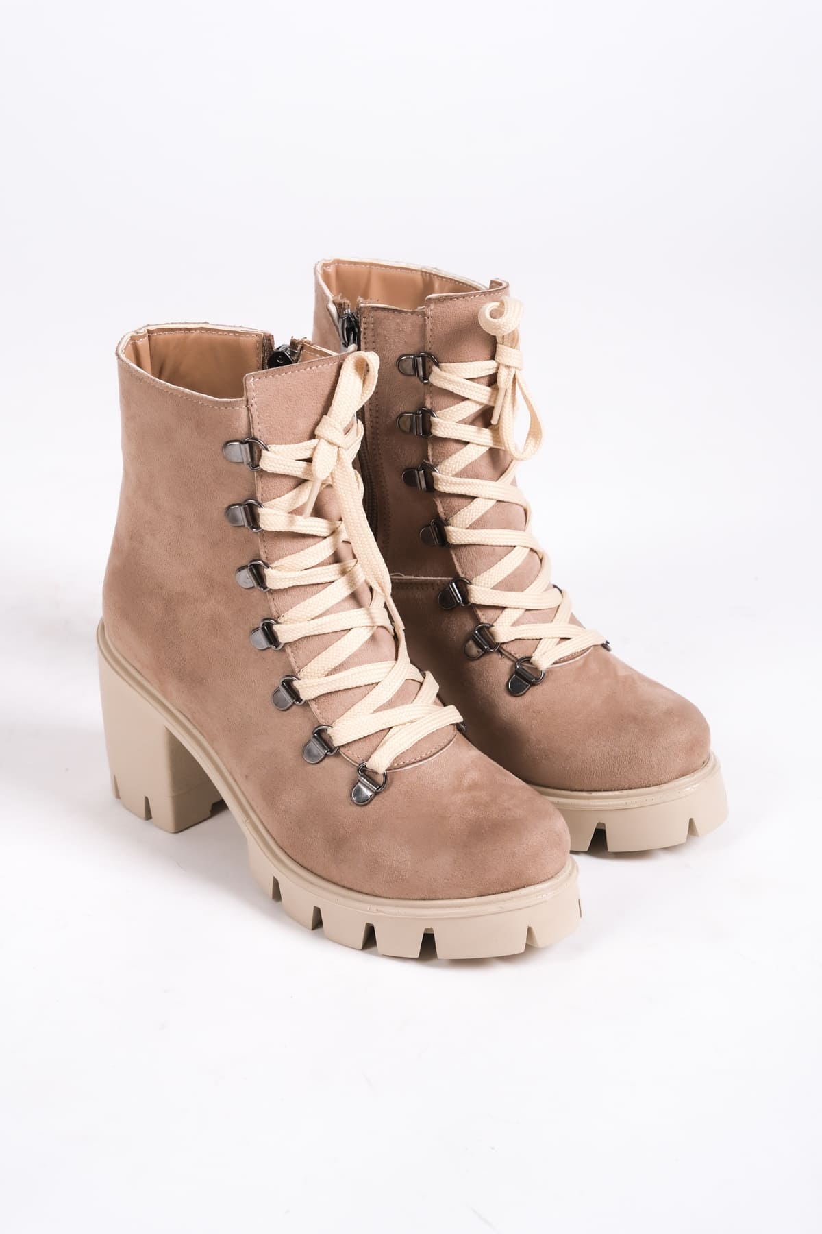 EMMA Bağcıklı Fermuarlı Ortopedik Taban Topuklu Süet Kadın Bot  TT - Ten