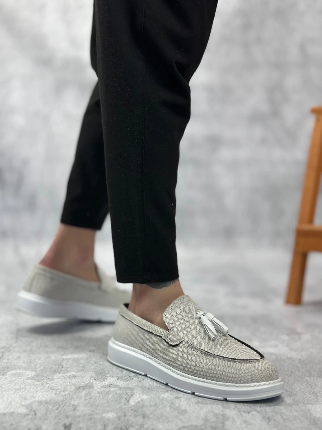 BA0005 Bağcıksız Yüksek Taban Klasik Yeni Keten Gri Püsküllü Erkek Ayakkabı