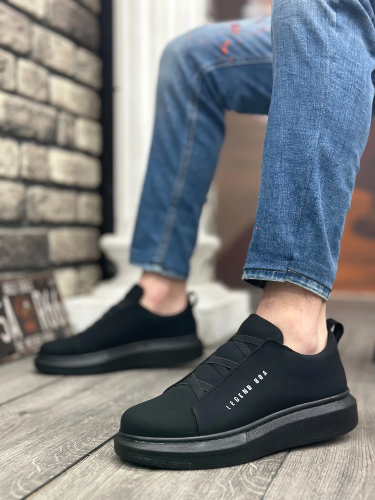 BA0134 BOA Kalın Yüksek Taban Çapraz Bant Siyah Erkek Ayakkabı