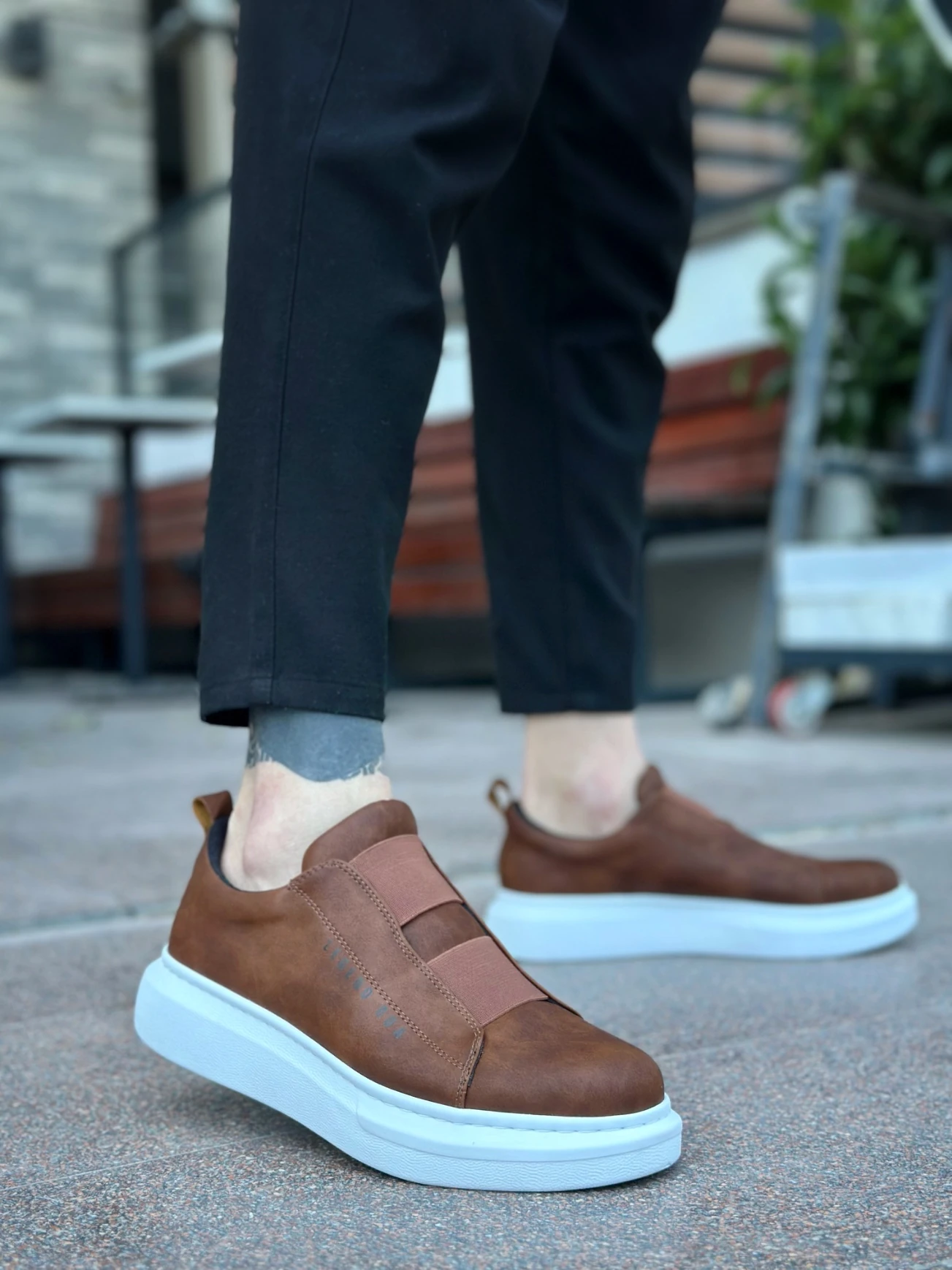 BA0307 BOA Kalın Yüksek Taban Çift Bant Taba Beyaz Erkek Ayakkabı