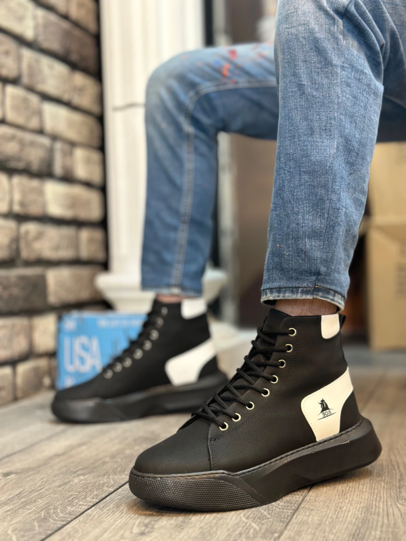 BA0155 Bağcıklı Erkek Yüksek Taban Siyah Beyaz Spor Bot