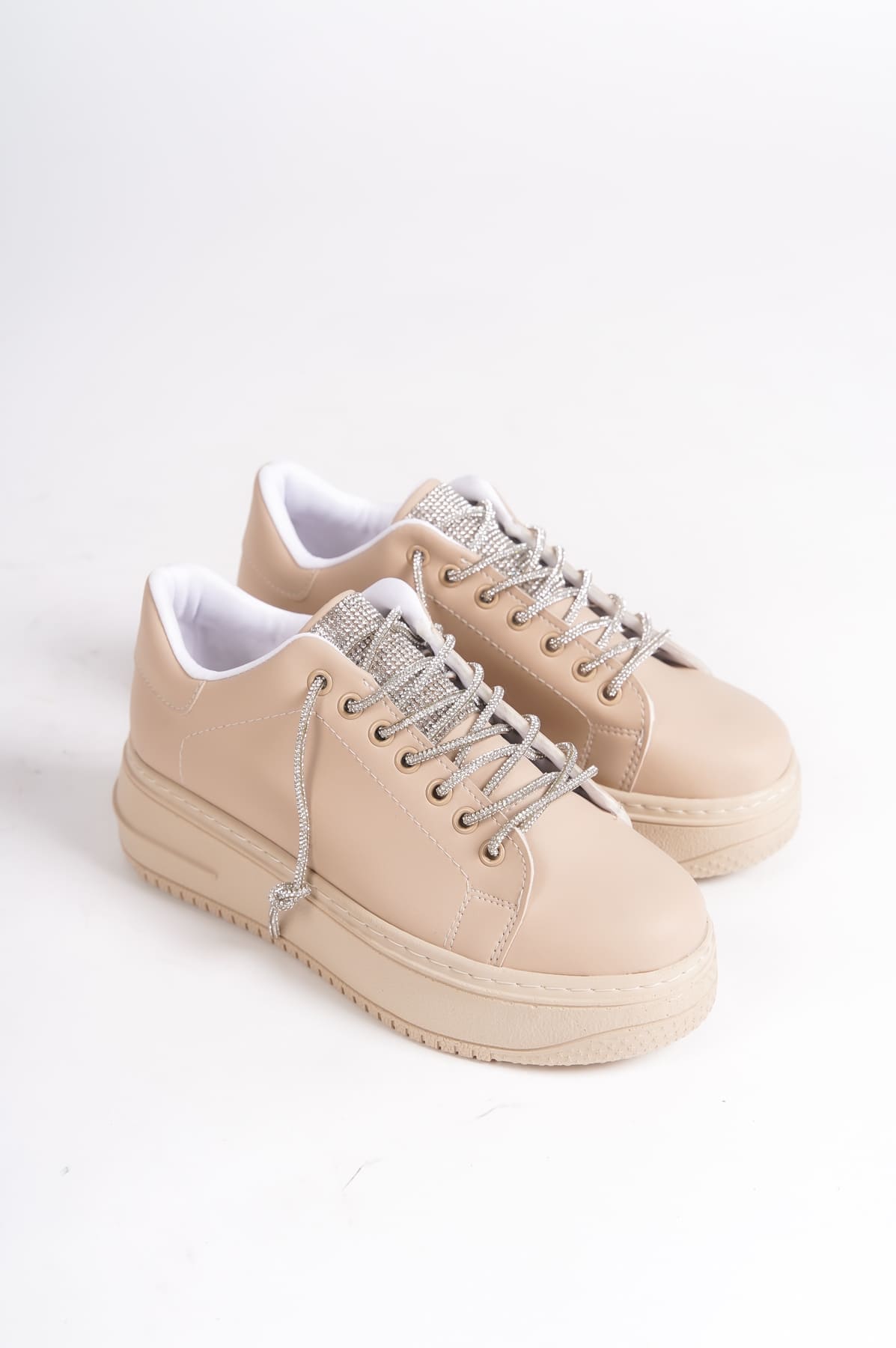 DELLA Bağcıklı Ortopedik Taban Taşlı Kadın Sneaker Spor Ayakkabı TT - Ten