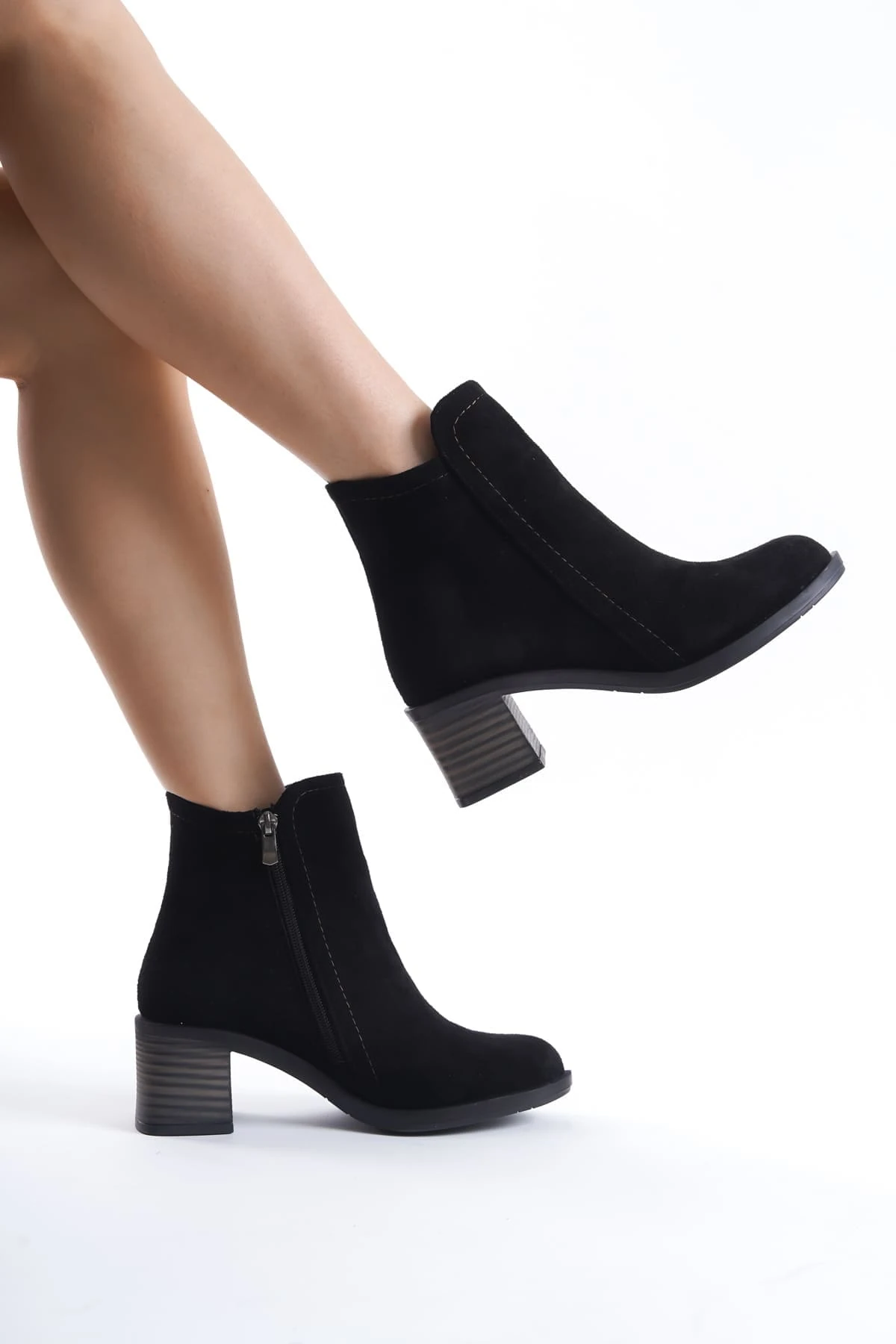 LARISSA Fermuarlı Ortopedik Taban Topuklu Süet Kadın Bot  ST - Siyah