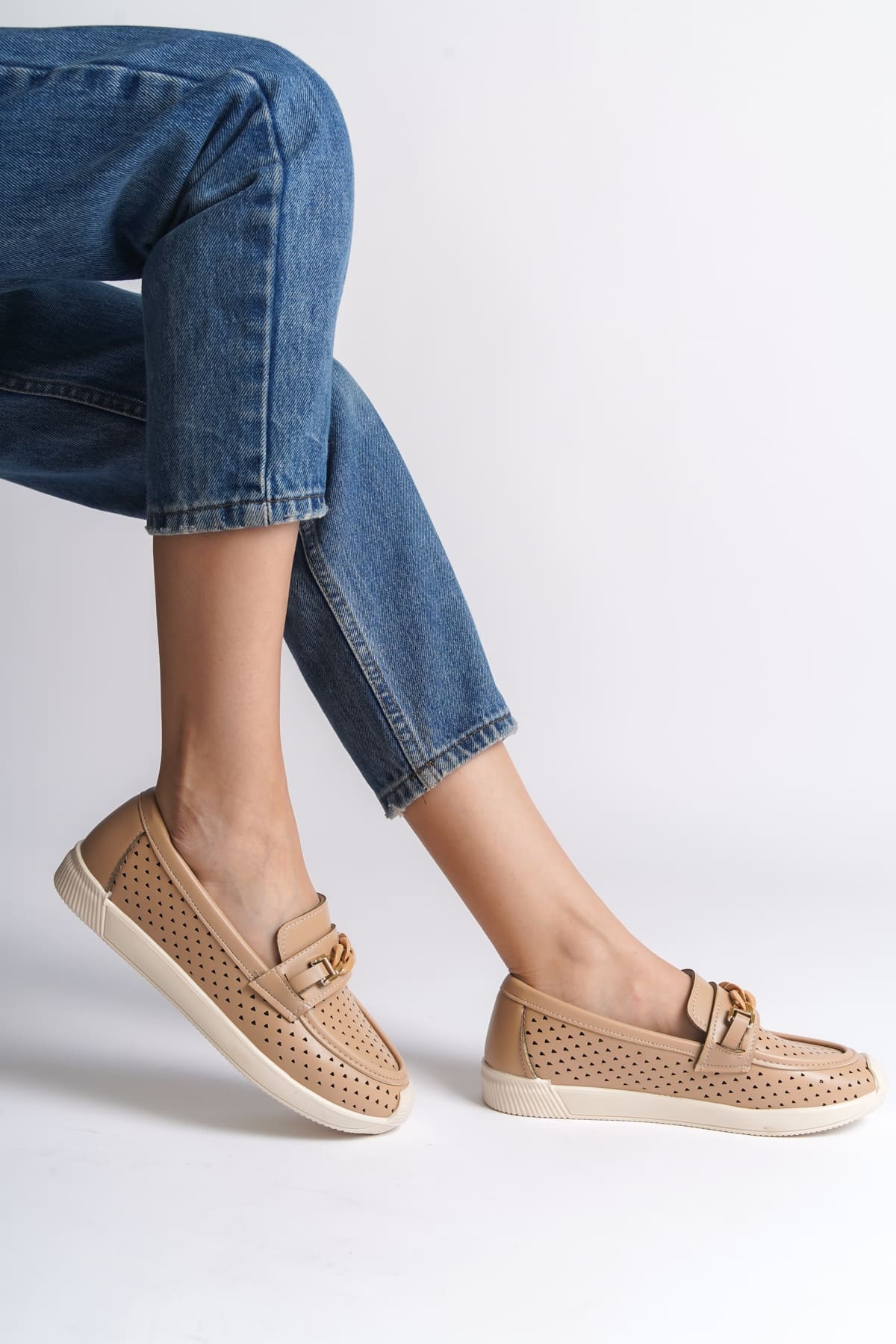 LIZY Bağcıksız Ortopedik Rahat Taban Kalp Desenli Kadın Babet Ayakkabı  KT - Ten