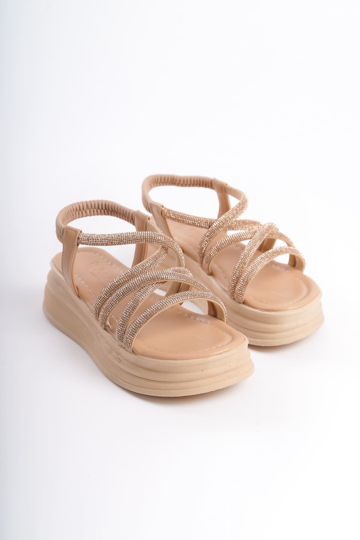 ELENA Lastikli Taşlı Şeritli Ortopedik Taban Kadın Sandalet TT - Ten