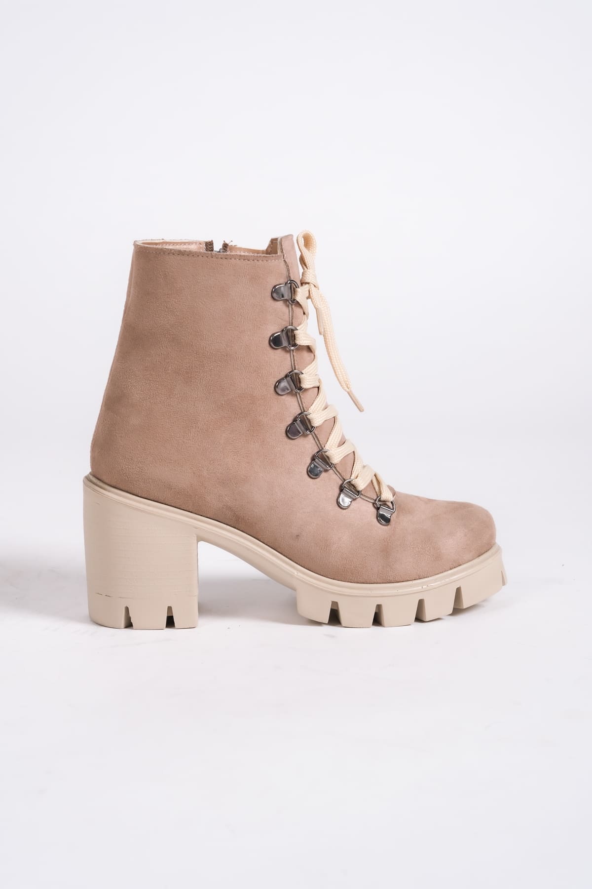 EMMA Bağcıklı Fermuarlı Ortopedik Taban Topuklu Süet Kadın Bot  TT - Ten