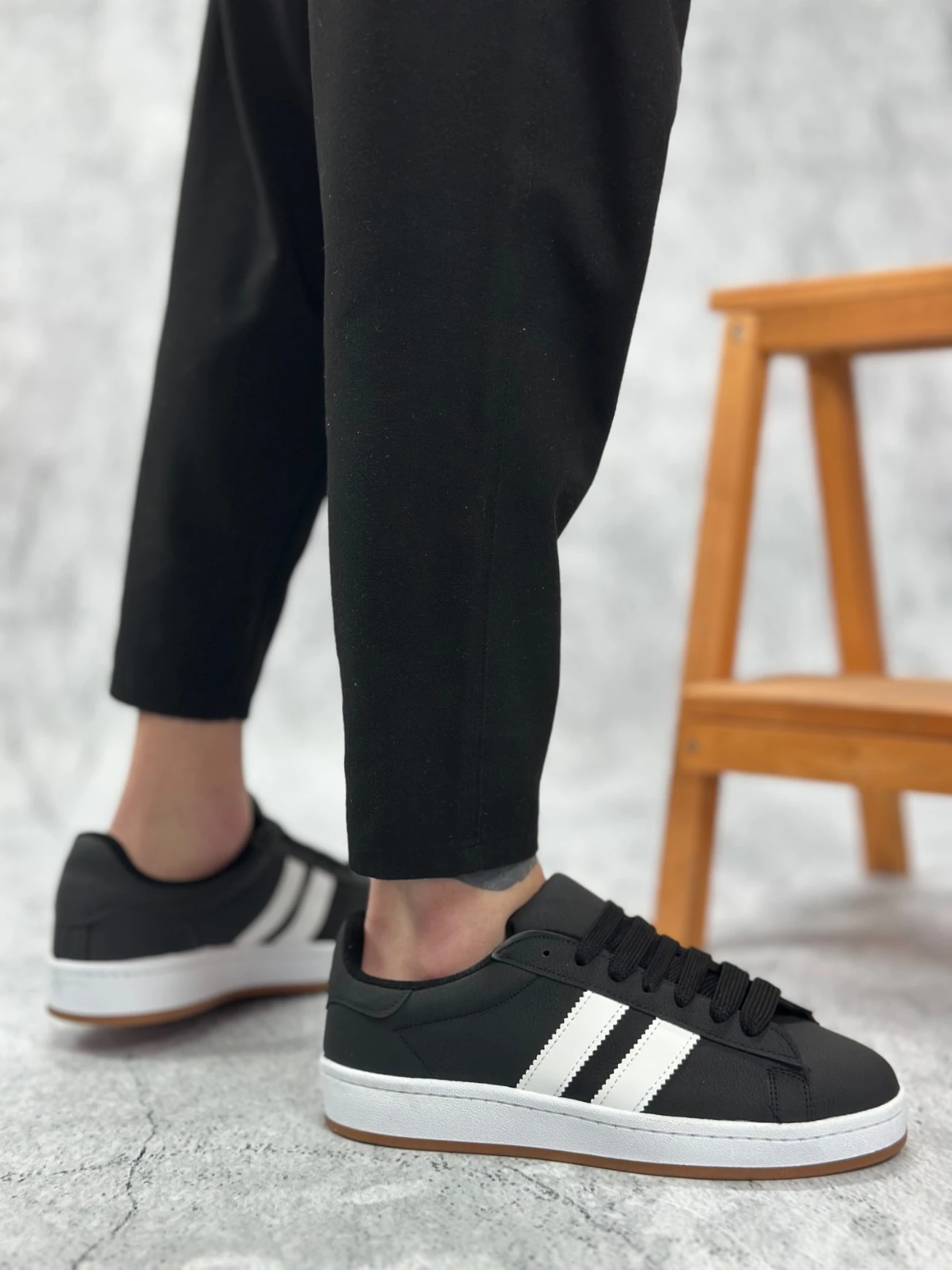 BA0235 BOA İki Çizgili Siyah Cilt Erkek Günlük Ayakkabı