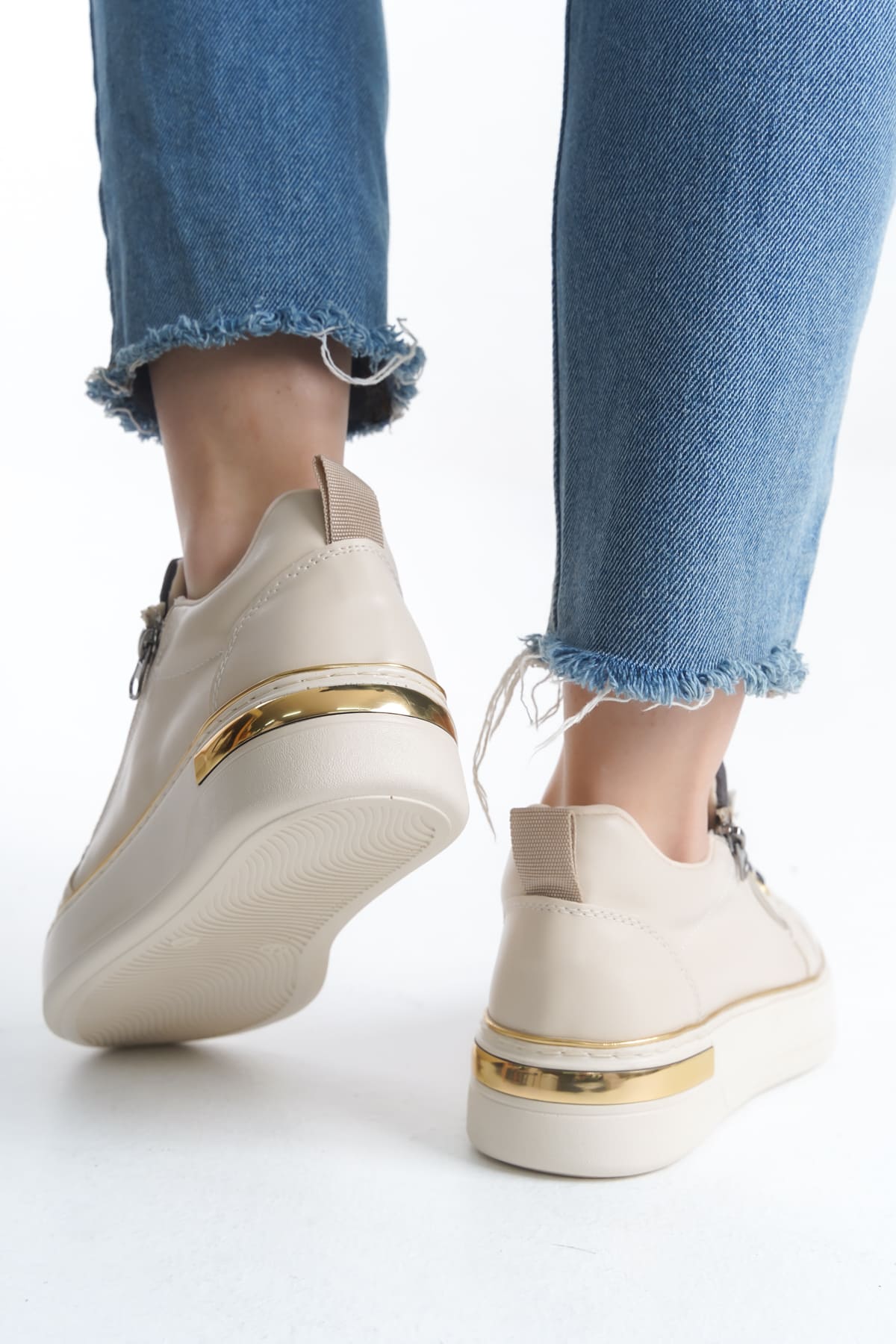 DINA Bağcıklı Fermuarlı Ortopedik Taban Kadın Sneaker Spor Ayakkabı  KT - Krem/Gri/Altın