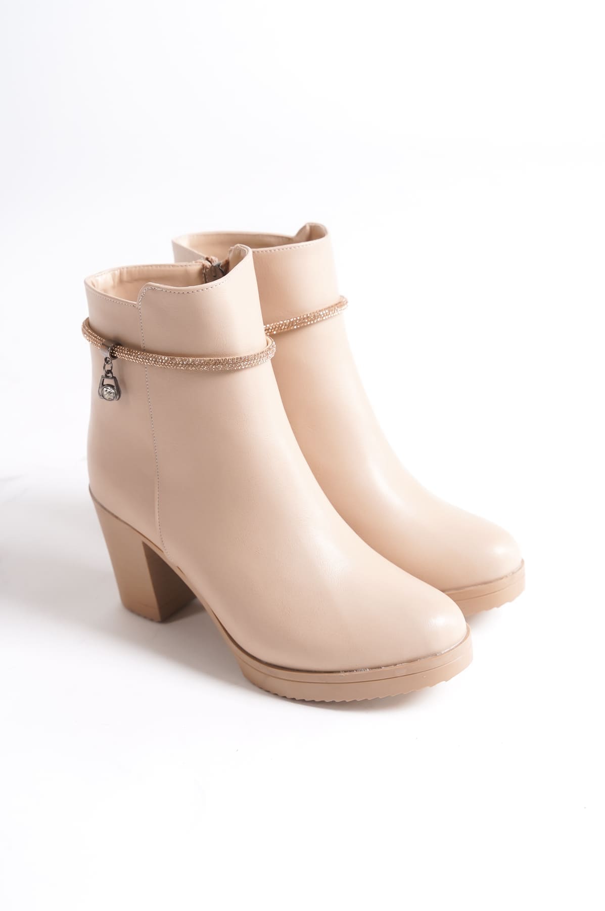 ARIA Fermuarlı Ortopedik Taban Taşlı Topuklu Kadın Bot TT - Ten