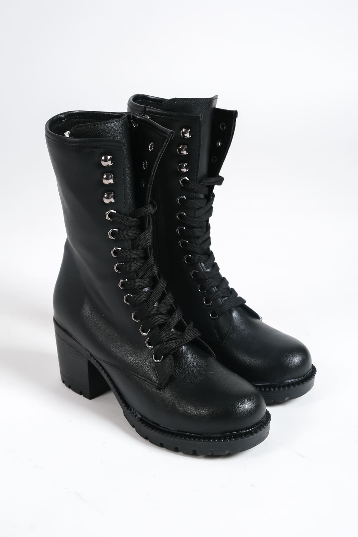 ALDA Bağcıklı Ortopedik Taban Kadın Çizme ST - Siyah