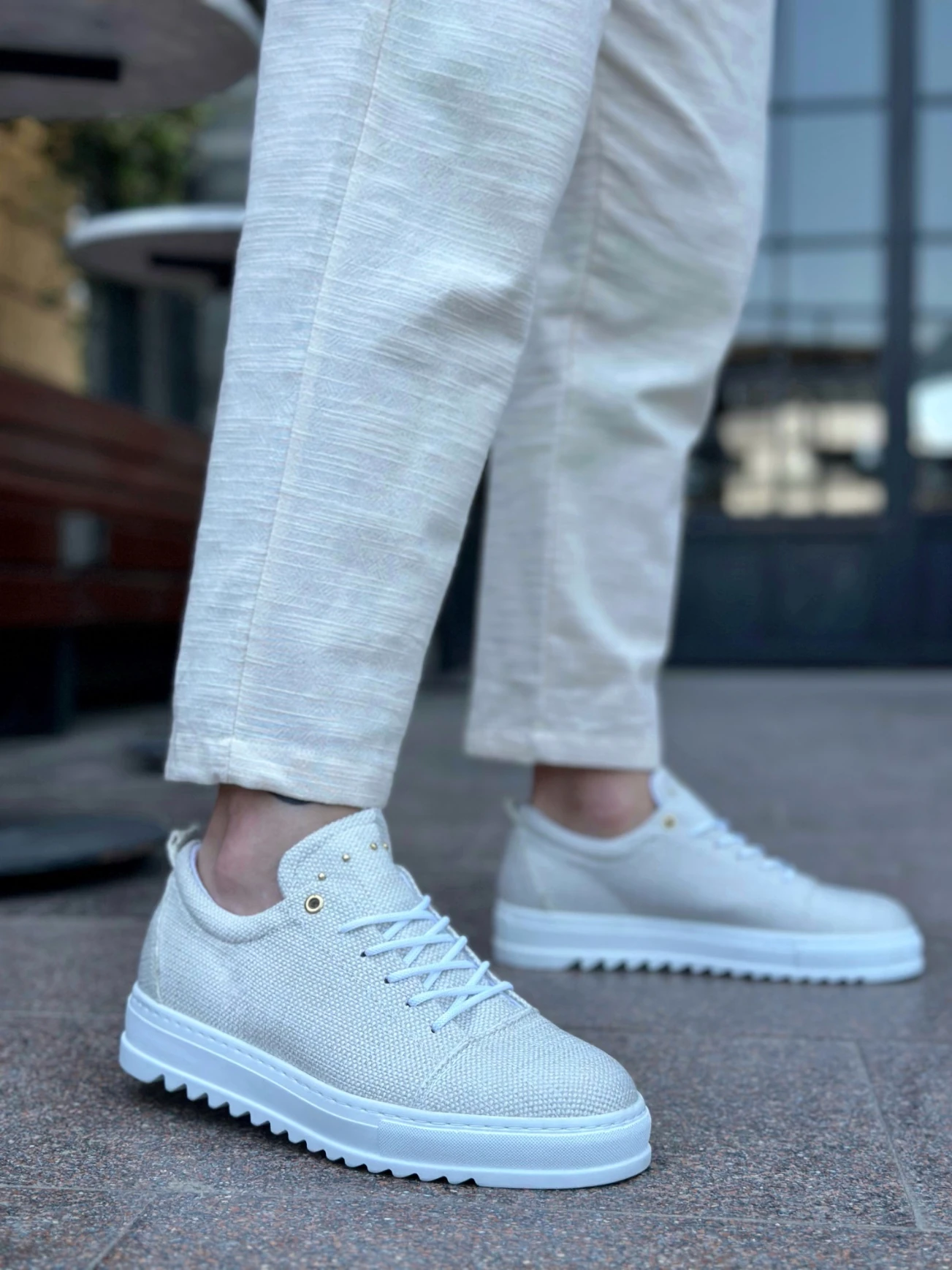 BA0152 Bağcıklı Yüksek Taban Krem Keten Erkek Ayakkabı