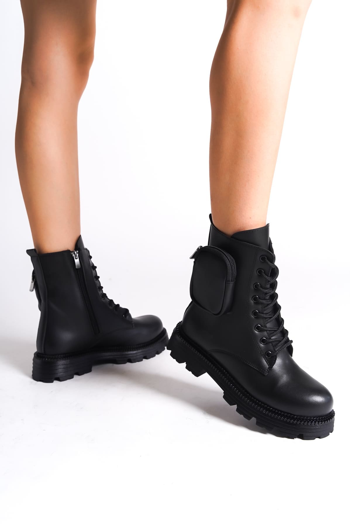 GINA Bağcıklı Fermuarlı Ortopedik Taban Çantalı Kadın Bot ST - Siyah