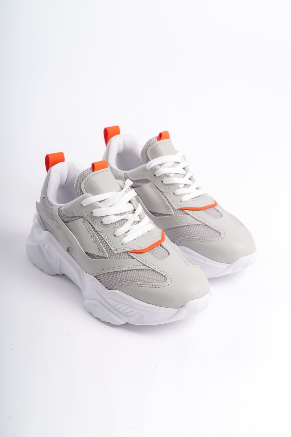 TOKYO Bağcıklı Ortopedik Taban Triko Detaylı Kadın Spor Ayakkabı  BT - Gri/Turuncu