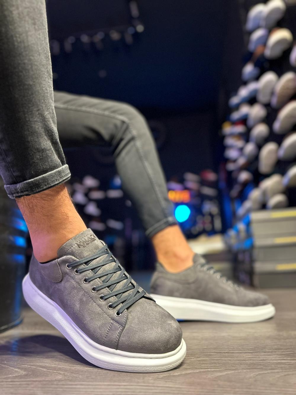 Knack Yüksek Taban Günlük Ayakkabı 044 Gri Süet (Beyaz Taban)