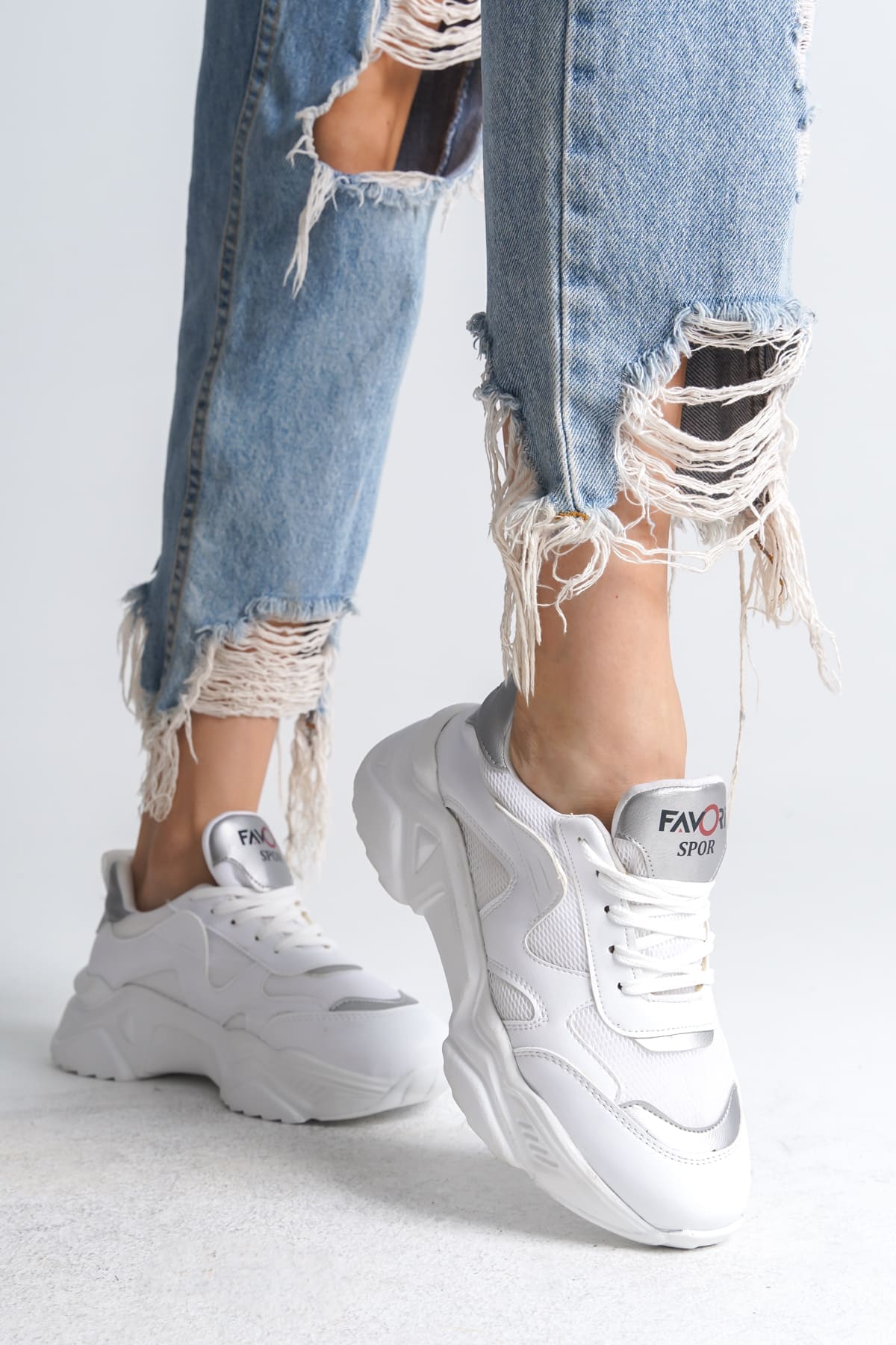 TOKYO Bağcıklı Ortopedik Taban Triko Detaylı Kadın Spor Ayakkabı  BT - Beyaz/Gri