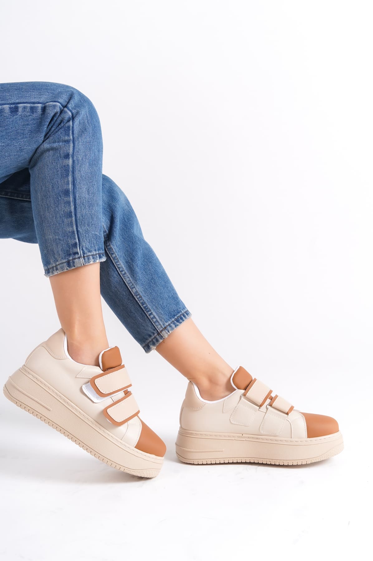 VALENCIA Bağcıksız Cırt Cırtlı Ortopedik Taban Kadın Sneaker Spor Ayakkabı TT - Ten/Kahve