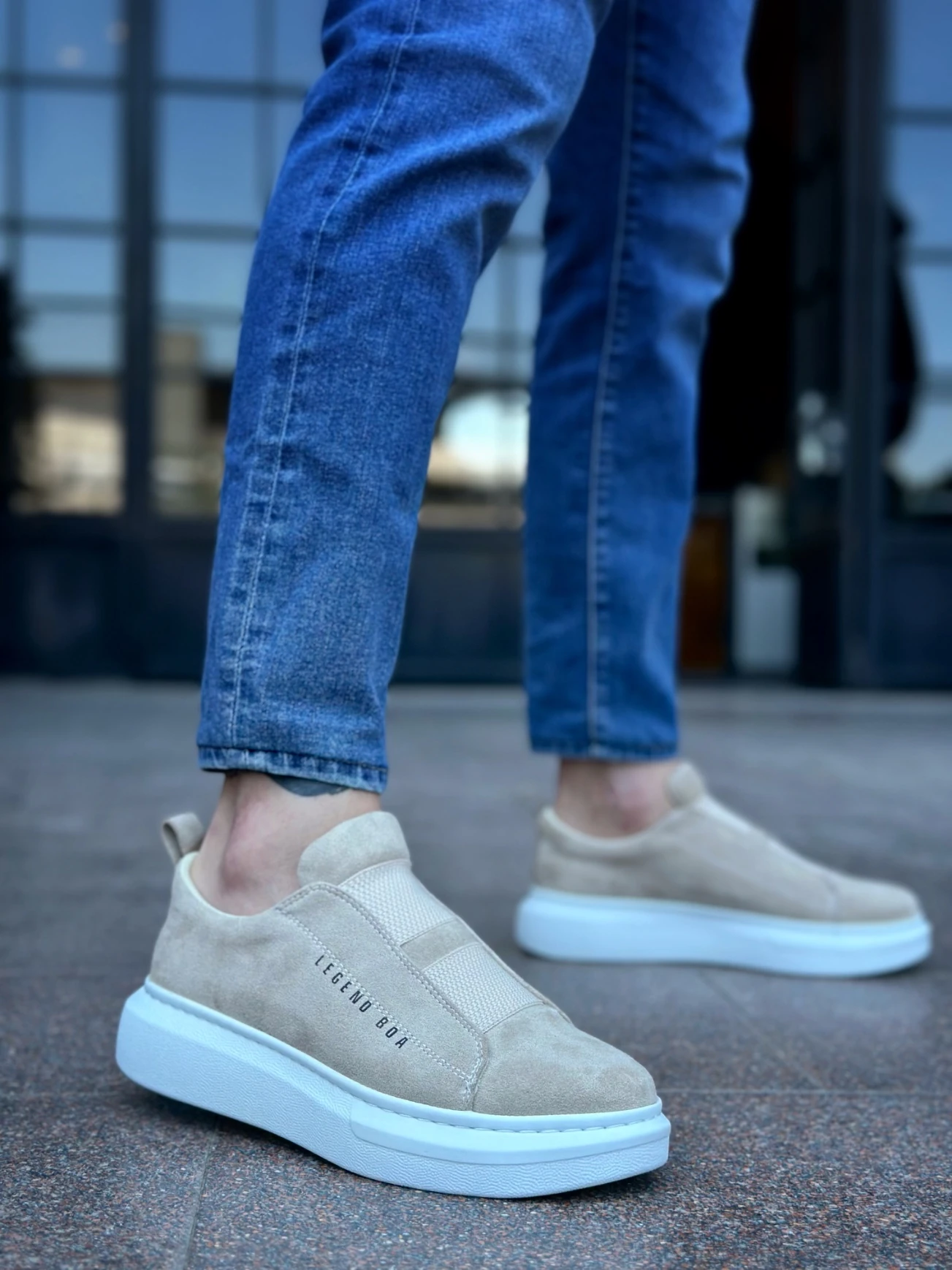 BA0307 BOA Kalın Süet Yüksek Taban Çift Bant Krem Erkek Ayakkabı