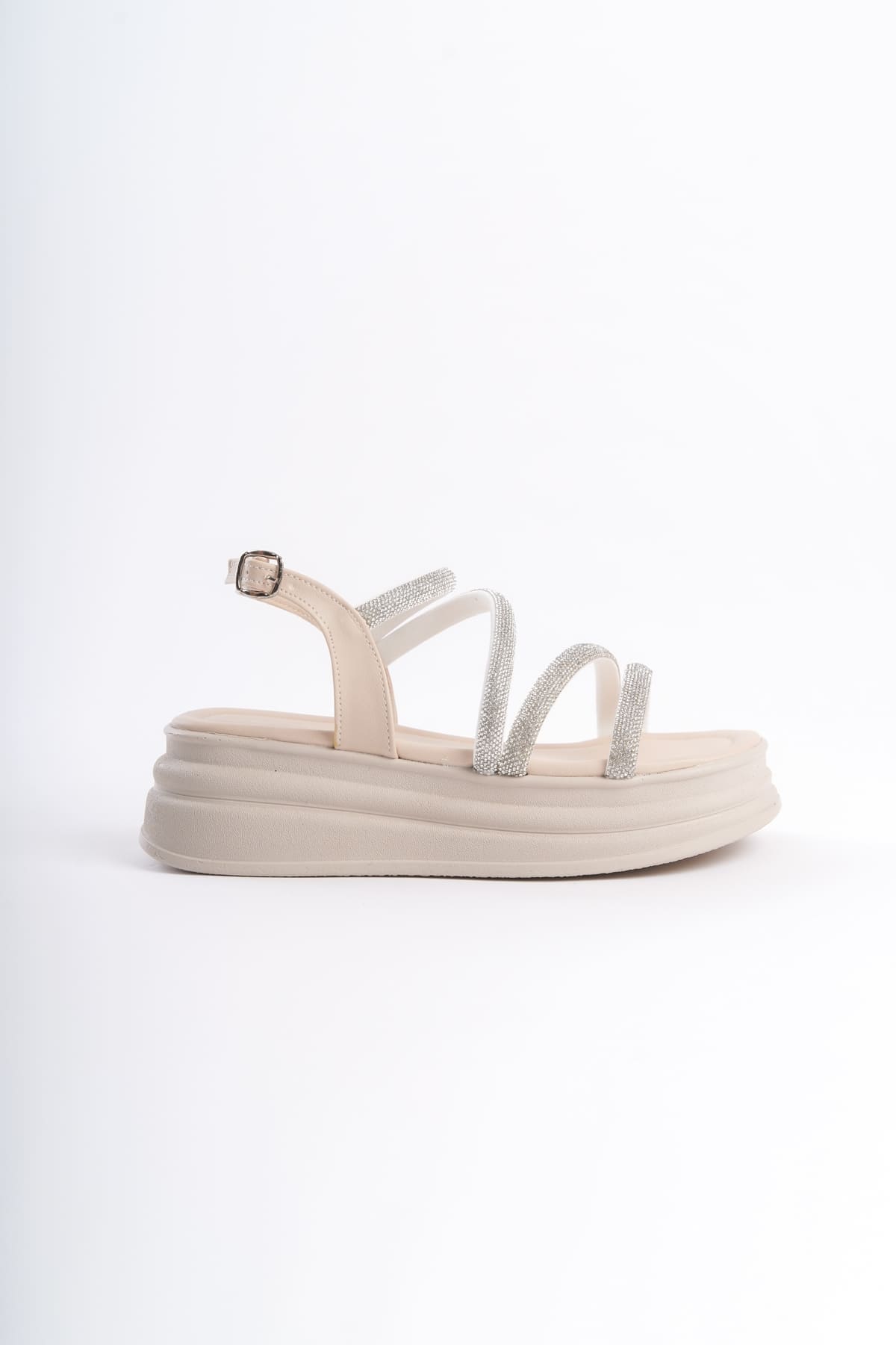 RILEY İnce Tokalı Taşlı Şeritli Ortopedik Taban Kadın Sandalet  KT - Krem